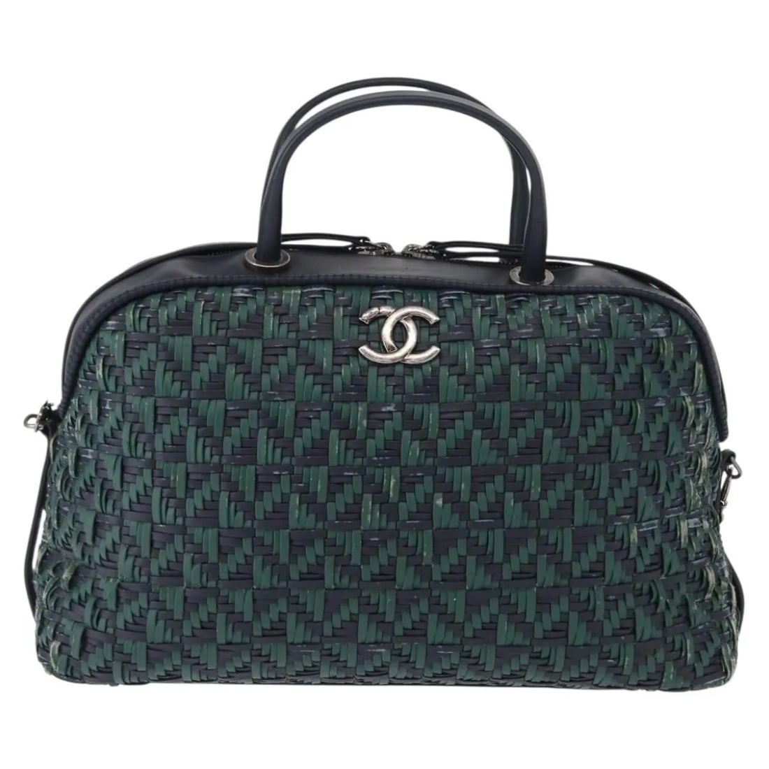 Chanel Green Woven Calfskin Convertible Bowler Bag with Chain Strap: Chanel Green Woven Calfskin Convertible Bowler Bag with Chain Strap This Chanel Convertible Chain Bowler Bag is crafted from woven calfskin leather in a green hue. Designed for women, this pre-owned h