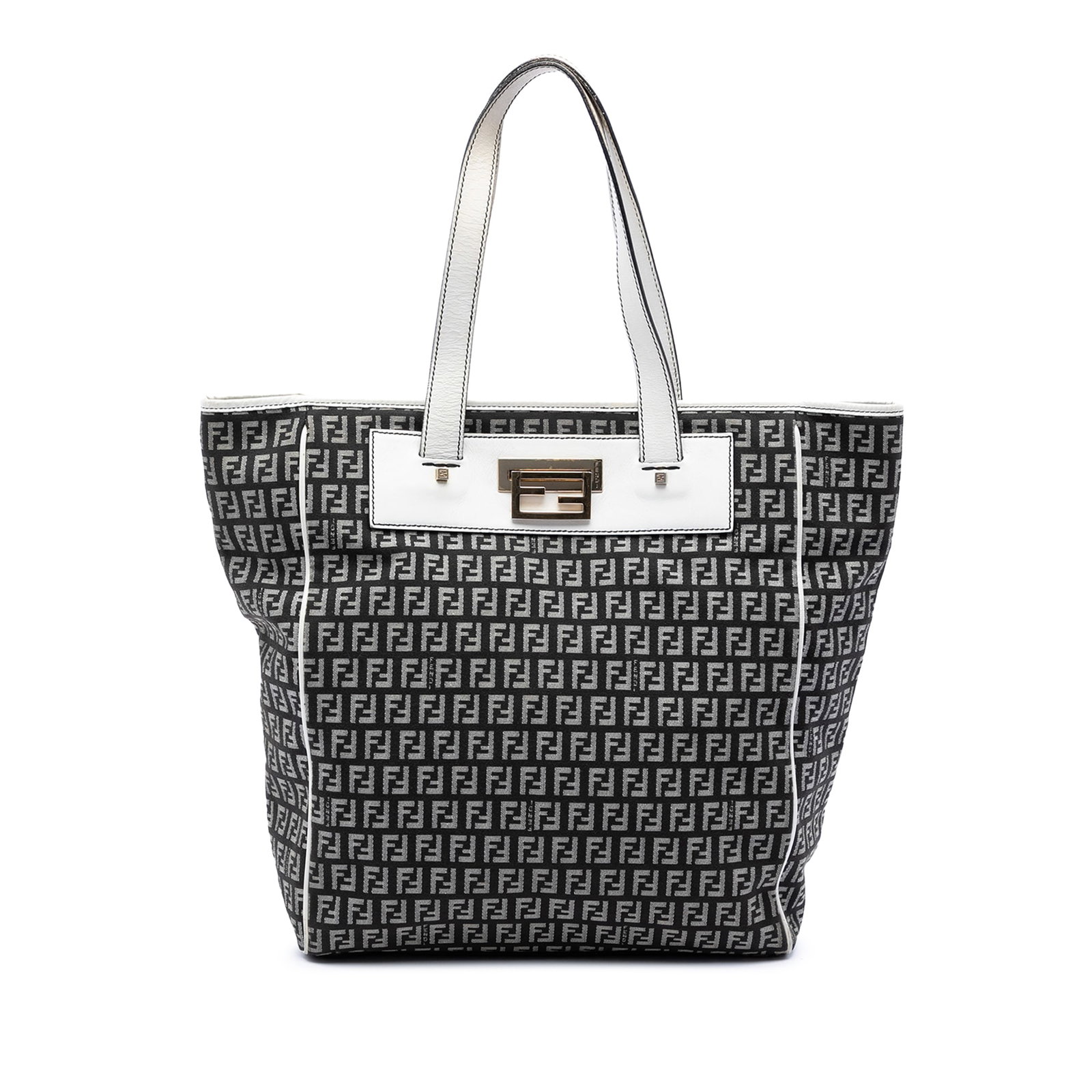 Black Fendi Zucchino fabric tote with leather trim: Black Fendi Zucchino fabric tote with leather trim This Fendi Zucchino Canvas Tote features a black fabric body with leather trim, flat leather handles, an open top with a flip lock closure, and an in