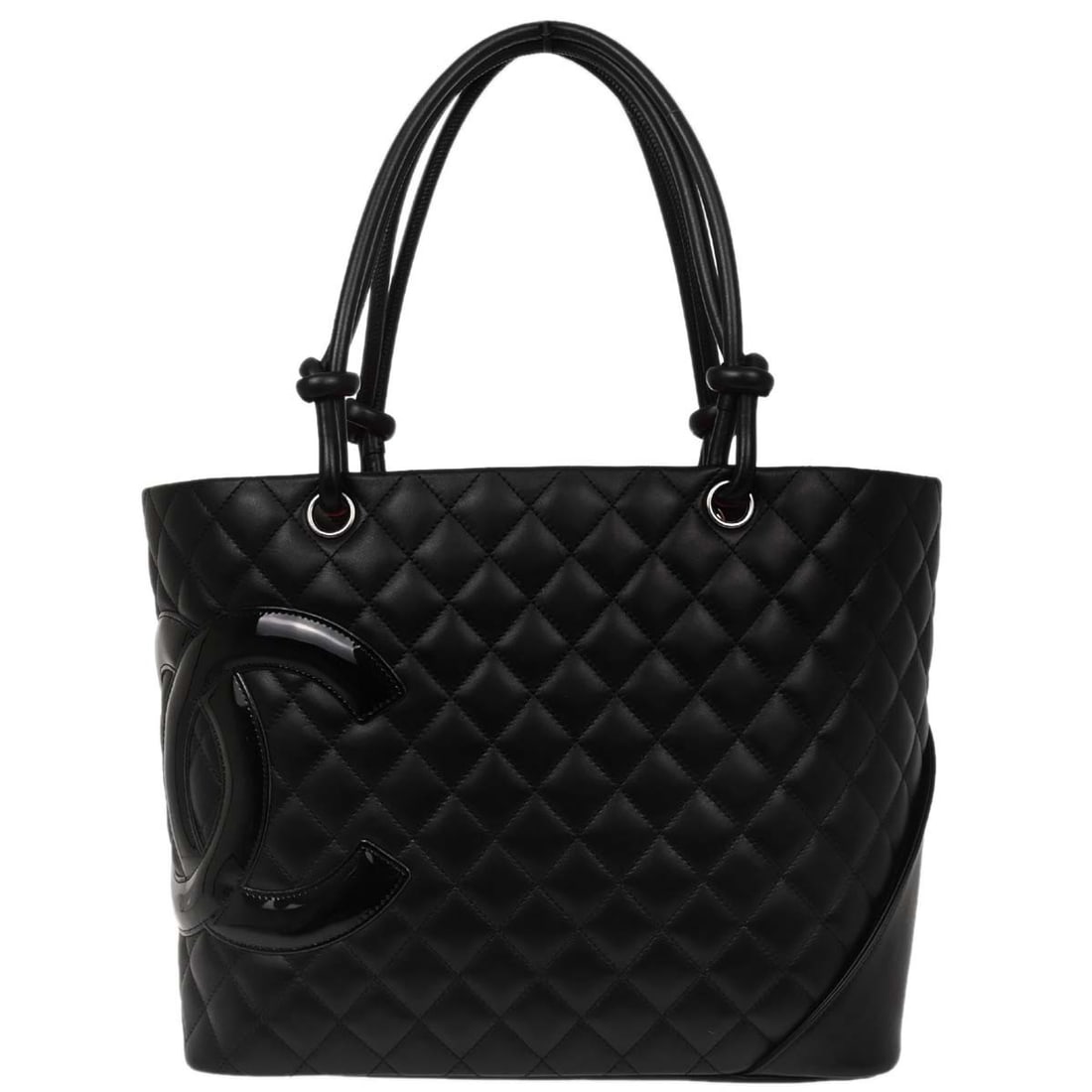 CHANEL Cambon Ligne Black Calfskin Tote with Pink Canvas Lining: CHANEL Cambon Ligne Black Calfskin Tote with Pink Canvas Lining Chanel Cambon Ligne tote handbag in black calfskin leather with quilted logo detailing and a pink canvas lining. This medium tote featur