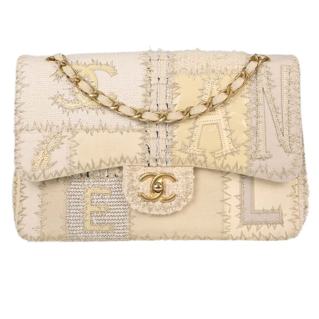 CHANEL Patchwork Shoulder Bag Off White Tweed Leather Medium: CHANEL Patchwork Shoulder Bag Off White Tweed Leather Medium Chanel patchwork shoulder bag in off-white tweed with leather trim and logo accents. This medium women's shoulder bag features inner storag