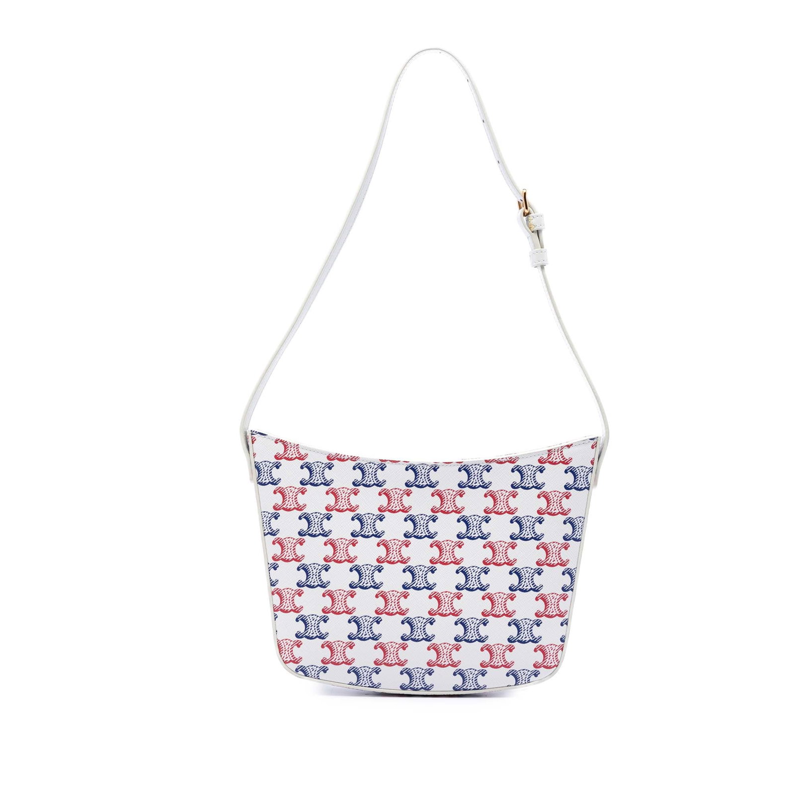 Celine Croque Medium Triomphe coated canvas shoulder bag: Celine Croque Medium Triomphe coated canvas shoulder bag Medium Croque shoulder bag in white coated canvas with leather trim and an adjustable flat leather strap. The bag features a top zip closure an