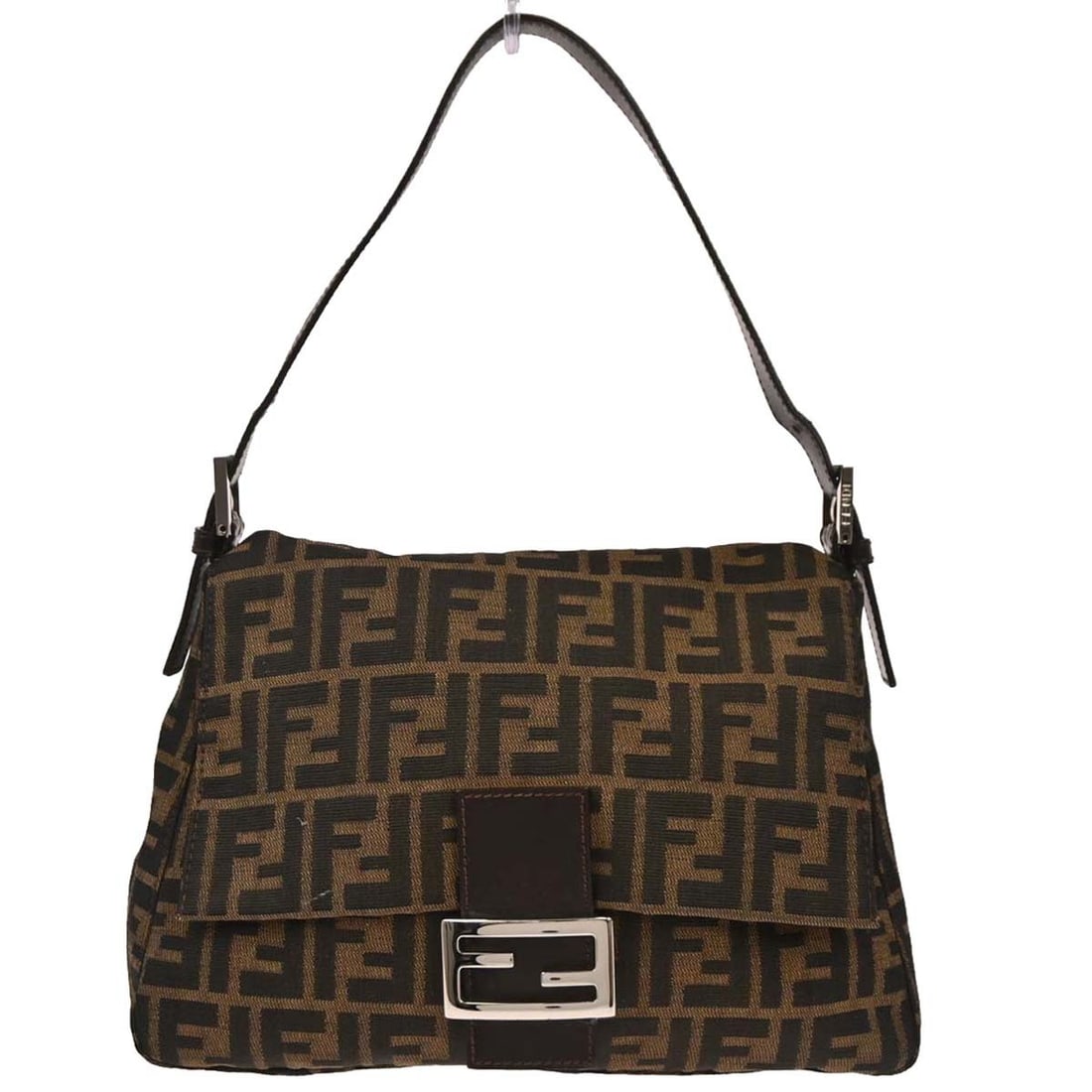 Fendi Mamma Baguette Brown Zucca Canvas Shoulder Bag: Fendi Mamma Baguette Brown Zucca Canvas Shoulder Bag Fendi Mamma Baguette handbag in brown Zucca canvas with leather trim and a shoulder strap. This medium handbag features a magnetic closure, silver-