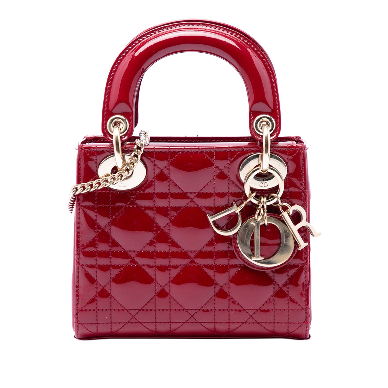 Dior Lady Dior Mini Cannage Patent Leather Bag Red: Dior Lady Dior Mini Cannage Patent Leather Bag Red Mini Lady Dior handbag in red patent leather with Cannage quilting. This bag features flat top handles, a detachable flat strap, a fold-in flap closu
