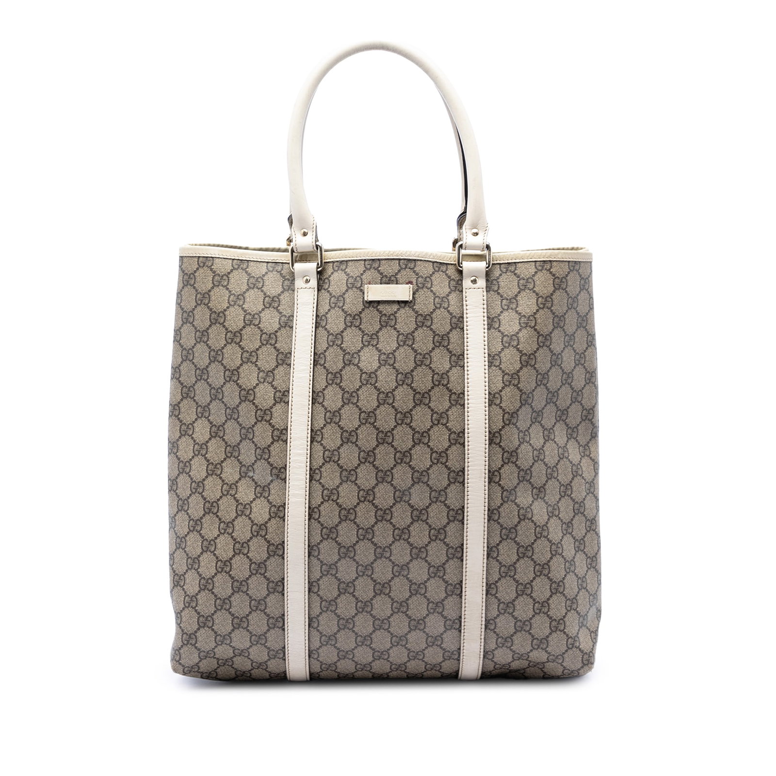 Gucci Joy Vertical Tote GG Supreme Coated Canvas Bag: Gucci Joy Vertical Tote GG Supreme Coated Canvas Bag Gucci GG Supreme Joy Vertical Tote in beige with a coated canvas body and leather trim. This tote features rolled leather handles, an open top with