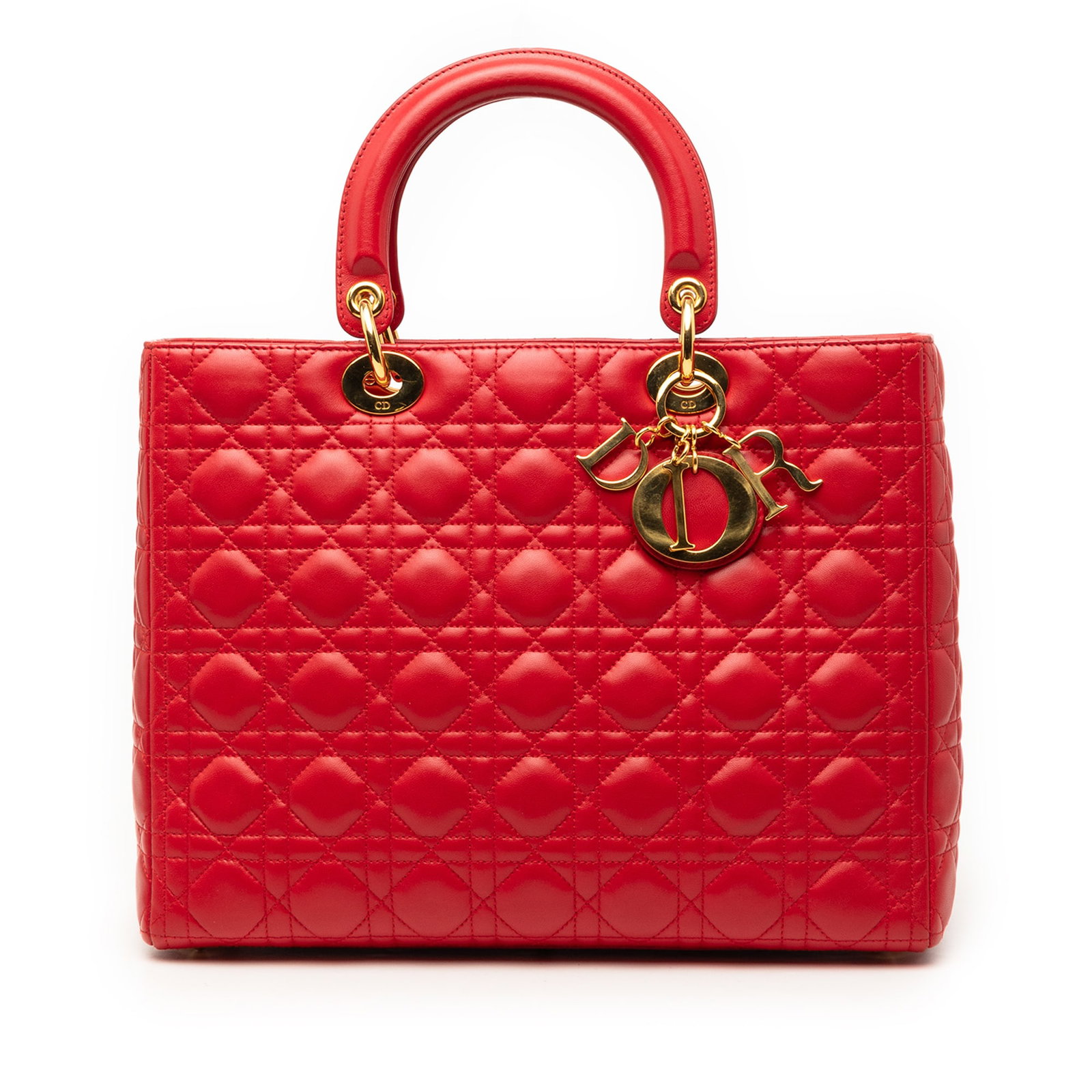 Dior Lady Dior Large Red Cannage Quilted Lambskin Tote Bag: Dior Lady Dior Large Red Cannage Quilted Lambskin Tote Bag This Lady Dior bag features a quilted lambskin leather exterior in red, flat top handles, a top zip closure, and an interior zip pocket. The 