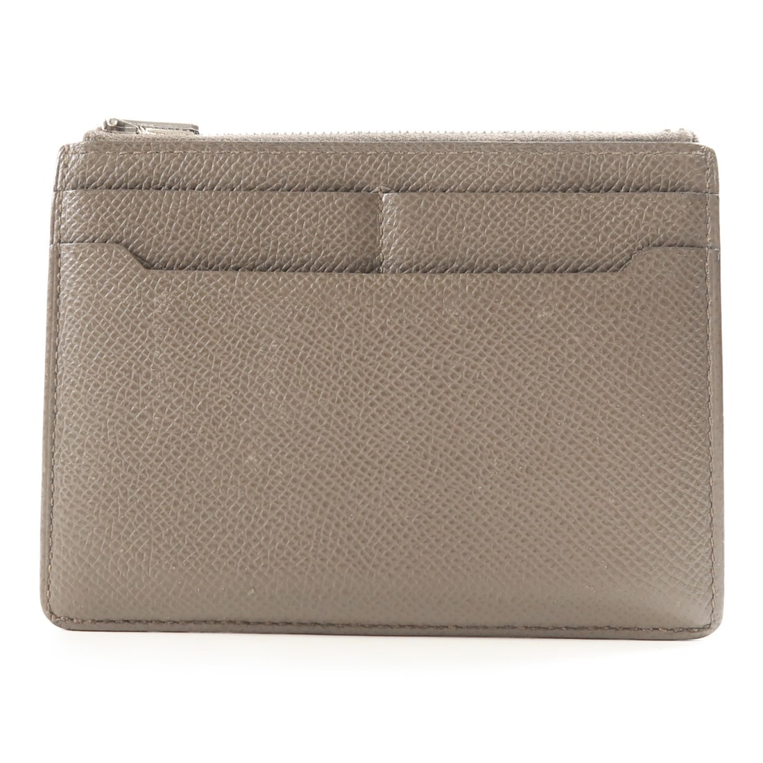 Hermes Etain Epsom Leather Zip Card Wallet PHW: Hermes Etain Epsom Leather Zip Card Wallet PHW This Hermes Porte-Cartes Zippe City wallet features a round design crafted from Epsom calfskin leather in a gray color. Designed for women, it offers a