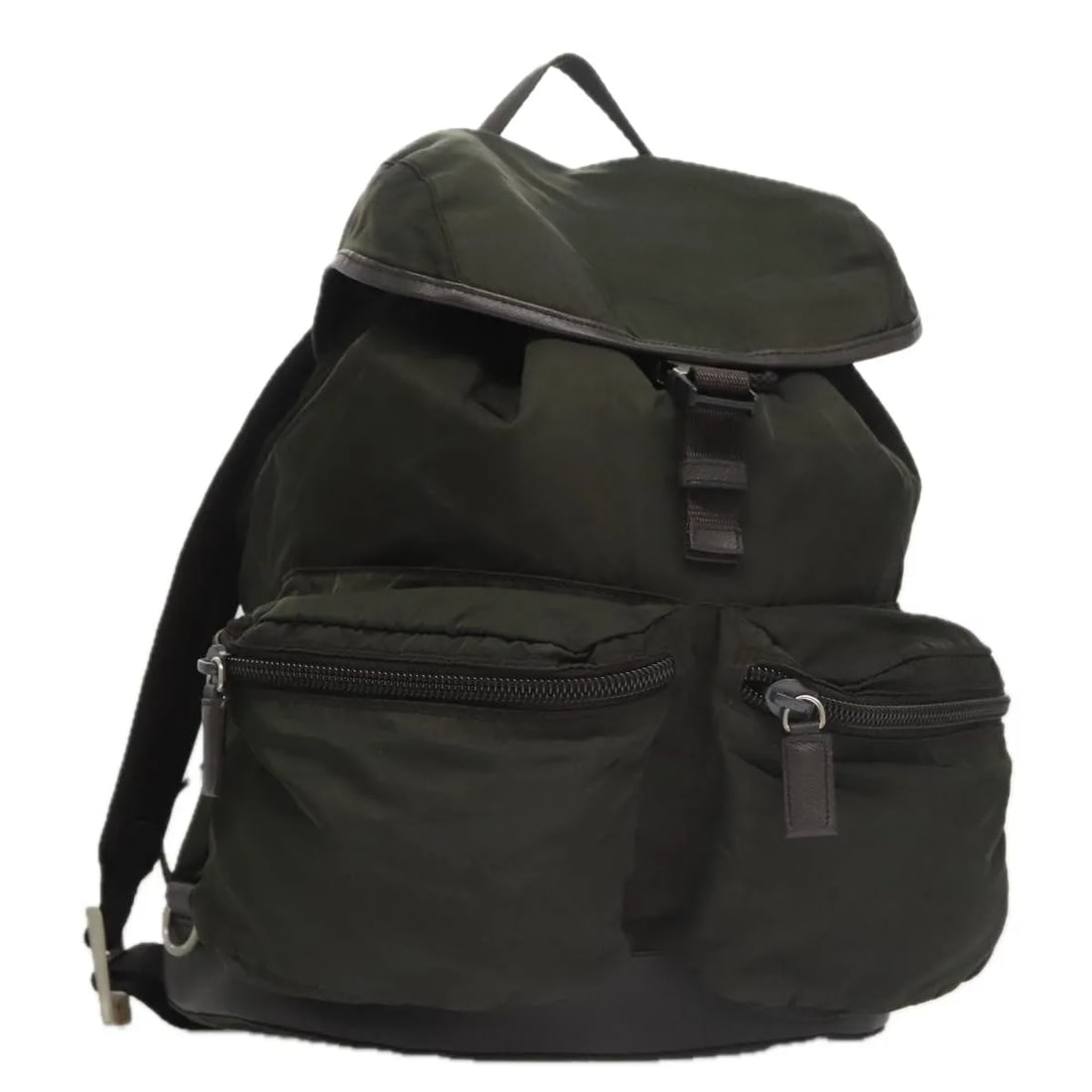 Prada Double Front Pocket Khaki Nylon Backpack: Prada Double Front Pocket Khaki Nylon Backpack This Prada Double Front Pocket Backpack features a khaki nylon exterior with two front pockets for added convenience. Designed for unisex use, it offers