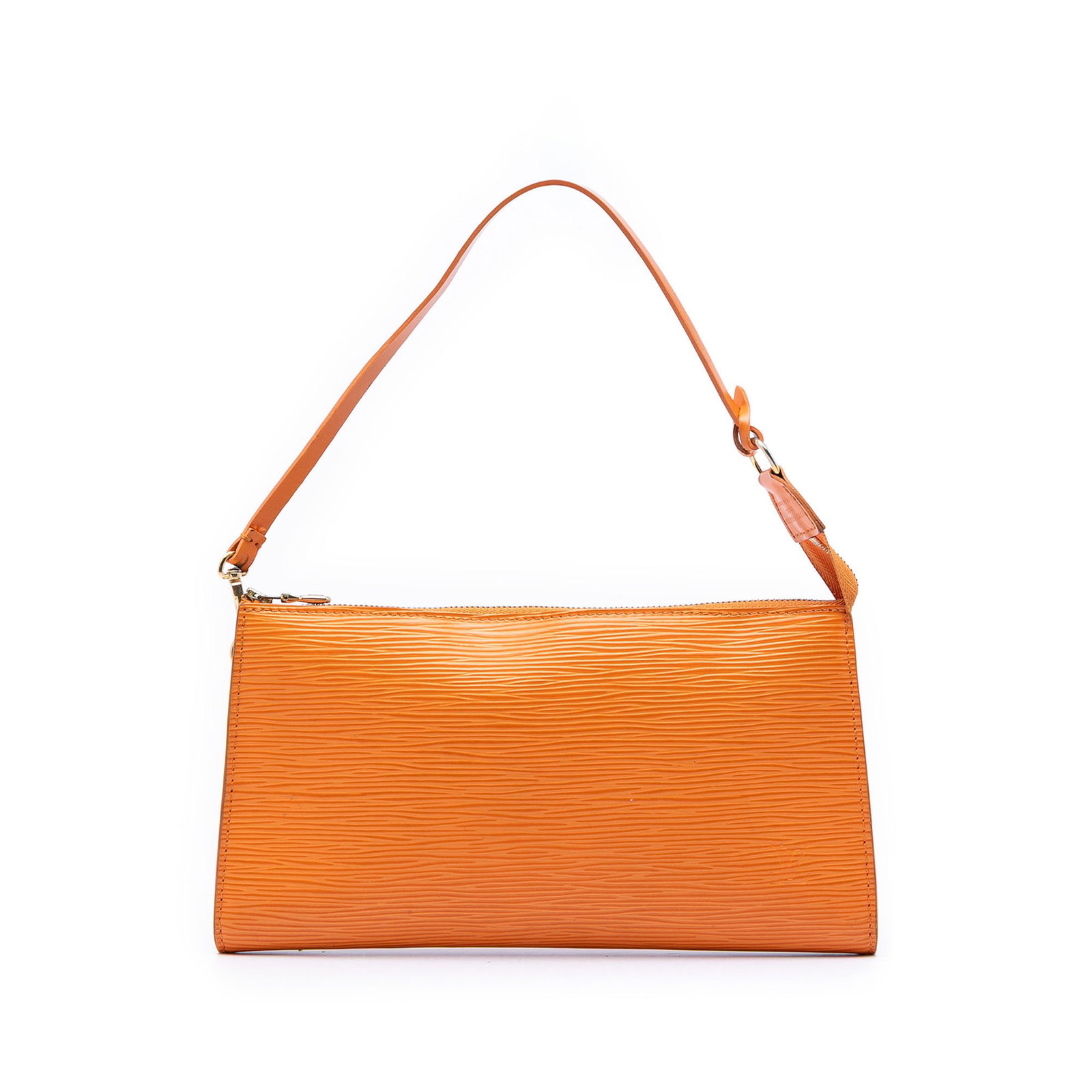 Louis Vuitton Epi Leather Pochette Accessoires Shoulder Bag: Louis Vuitton Epi Leather Pochette Accessoires Shoulder Bag Louis Vuitton Epi Pochette Accessoires crafted in orange leather with a slim silhouette, flat shoulder strap, and top zip closure. Made in F