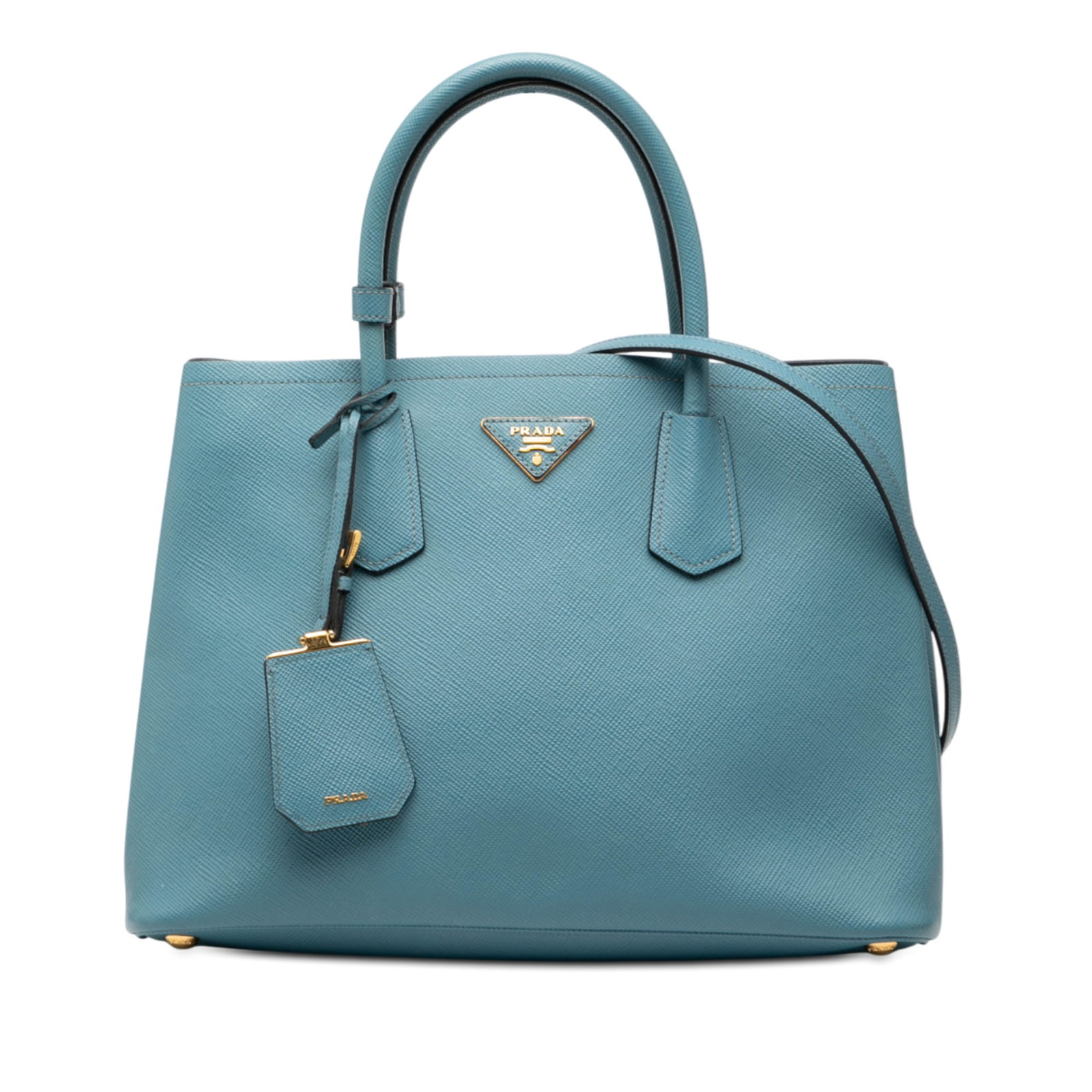 Prada Saffiano Leather Medium Blue Double Satchel with Detachable Strap: Prada Saffiano Leather Medium Blue Double Satchel with Detachable Strap This Prada Medium Saffiano Cuir Double Satchel is crafted from saffiano leather in blue and features rolled leather handles, a d