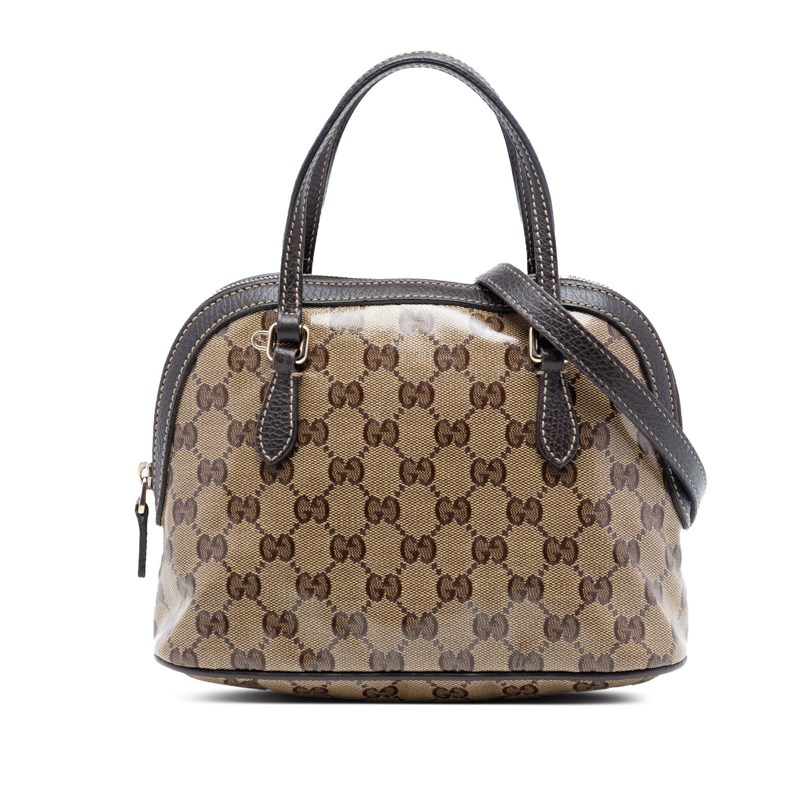 Gucci beige coated canvas dome satchel with leather trim: Gucci beige coated canvas dome satchel with leather trim This Gucci Mini GG Crystal Dome Satchel features a coated canvas body with leather trim, flat leather handles, a top zip closure, and an interi