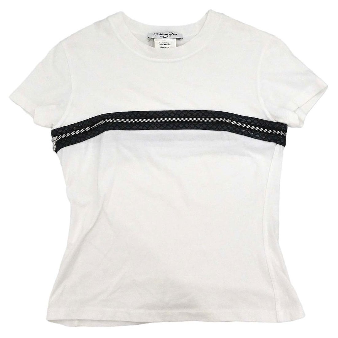 Dior 1E12055210 Women's Cotton T-Shirt White Black FR 38: Dior 1E12055210 Women's Cotton T-Shirt White Black FR 38 Christian Dior women's T-shirt in white and black cotton with a round neckline, short sleeves, and a regular fit. The design features a zipper 