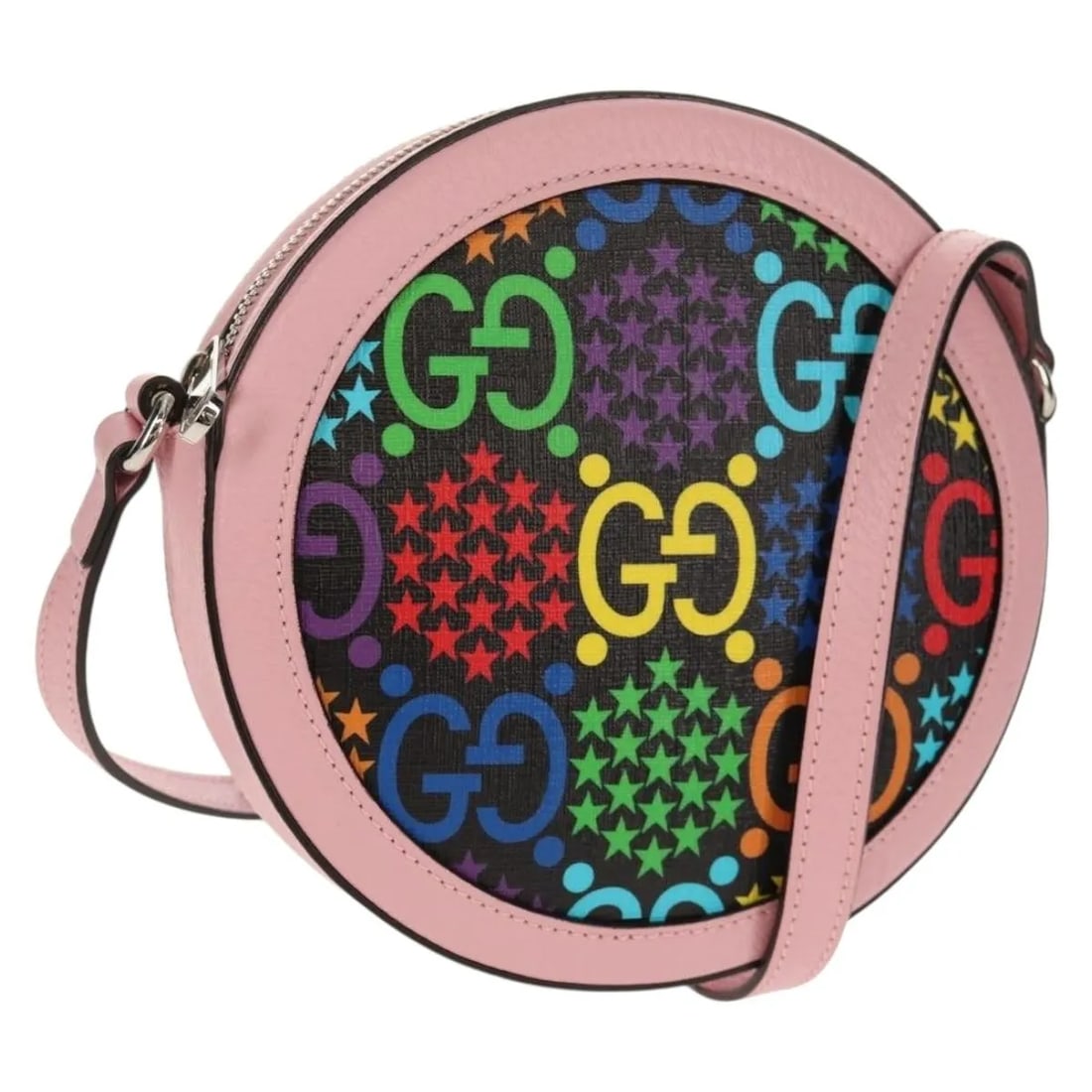 Gucci Round Shoulder Bag in Multicolour GG Coated Canvas: Gucci Round Shoulder Bag in Multicolour GG Coated Canvas This Gucci round shoulder bag features a vibrant psychedelic print on coated GG canvas. Designed for women, it offers a stylish multicolour loo