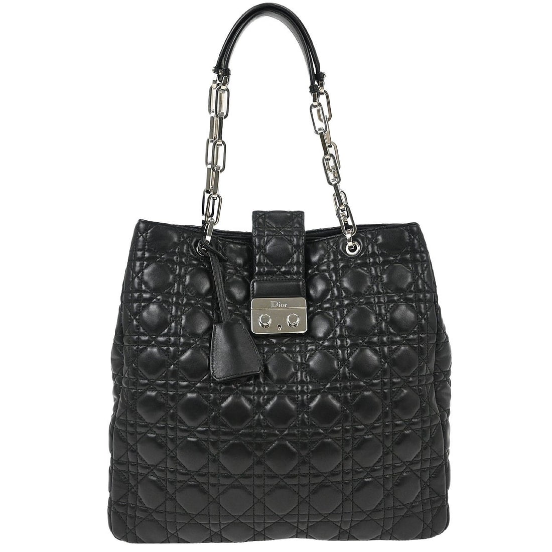 Dior Lady Dior Cannage Lambskin Tote Bag in Black: Dior Lady Dior Cannage Lambskin Tote Bag in Black Christian Dior Lady Dior Cannage tote handbag in black lambskin with quilted detailing and double handles. The bag features a canvas lining, inner poc