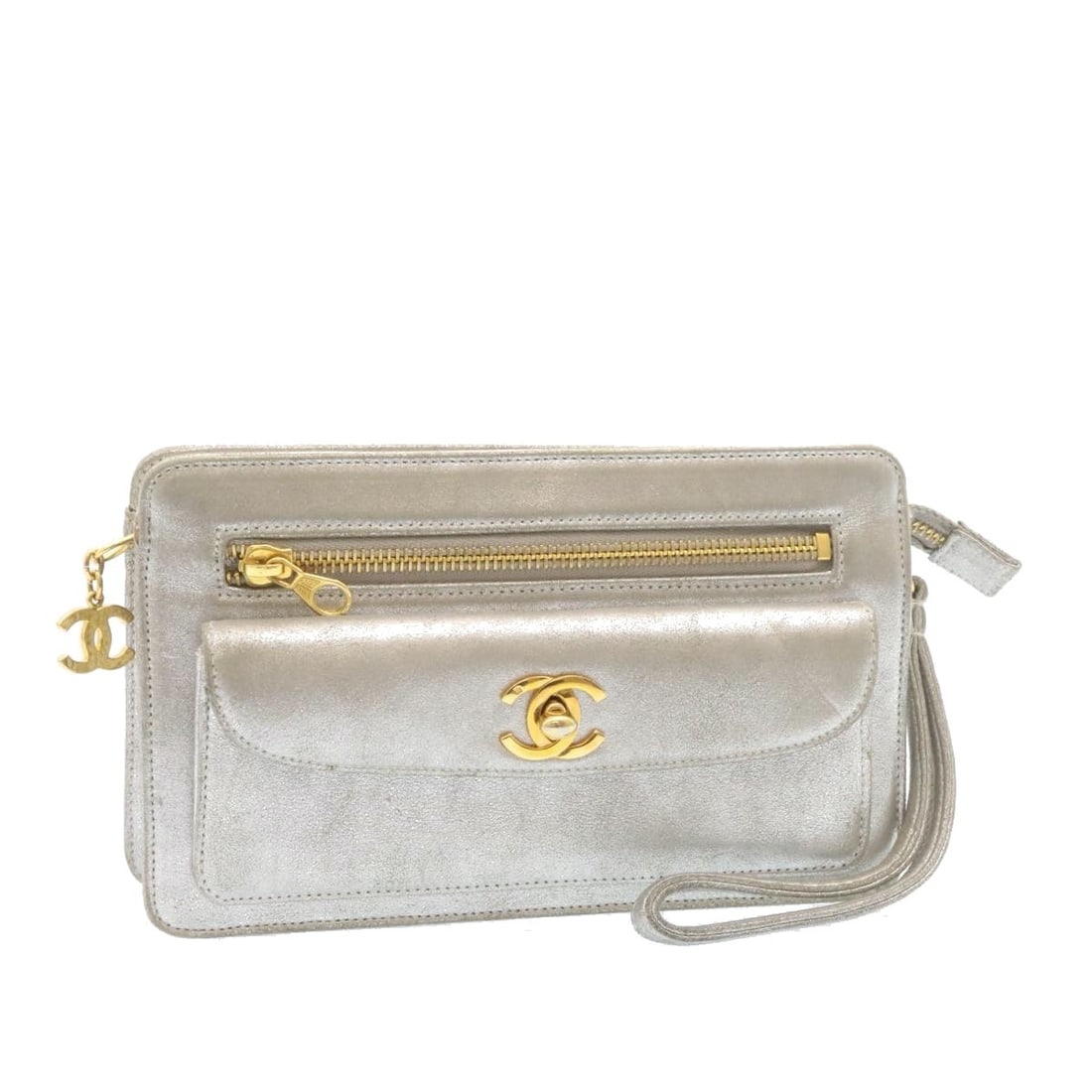 CHANEL Silver Leather Clutch Bag CC France 26857A (1 of 18)