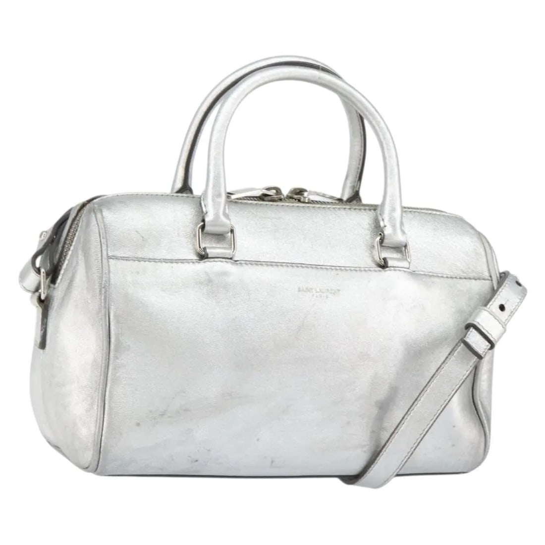 Saint Laurent Leather Duffle Bag for Women Silver 23cm by 15cm by 9cm: Saint Laurent Leather Duffle Bag for Women Silver 23cm by 15cm by 9cm This pre-owned Saint Laurent Classic Duffle Bag for women features silver leather construction with a compact design. It measures 