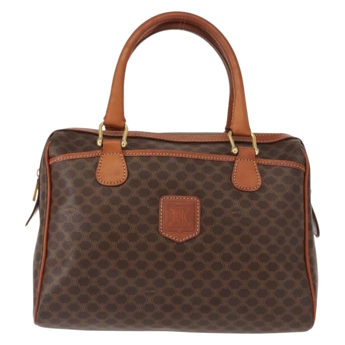 Vintage Celine Macadam Brown Canvas Leather Handbag 30cm: Vintage Celine Macadam Brown Canvas Leather Handbag 30cm This vintage Celine Macadam handbag is crafted from canvas with leather accents in a brown color. Designed for women, the handbag features meta