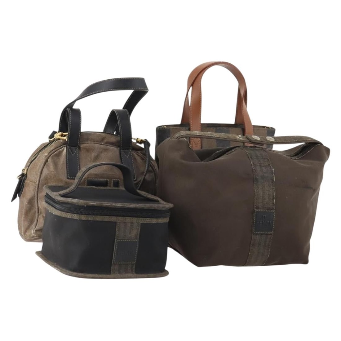 FENDI Pequin Coated Canvas Handbag 4 Piece Bundle Brown Black: FENDI Pequin Coated Canvas Handbag 4 Piece Bundle Brown Black Fendi handbag in brown and black coated canvas with Pequin canvas detailing. This women's bag was made in Italy and is offered without the