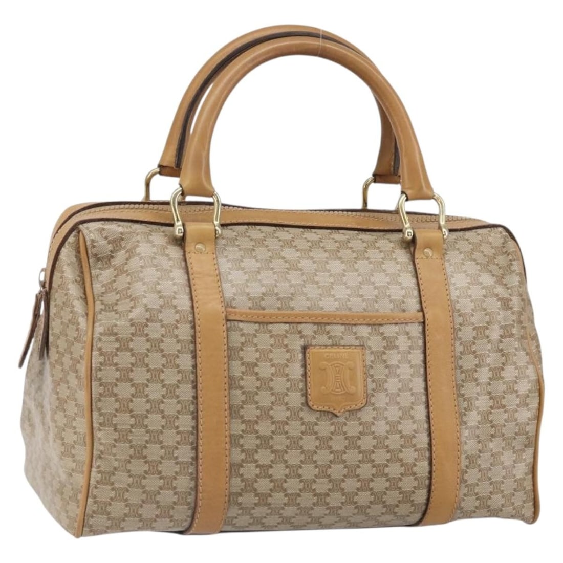 Beige Macadam Canvas PVC Celine Handbag with Gold Accents: Beige Macadam Canvas PVC Celine Handbag with Gold Accents This Celine Macadam hand bag features a beige and gold PVC leather exterior with the signature Macadam canvas pattern. Made in Italy, the bag 