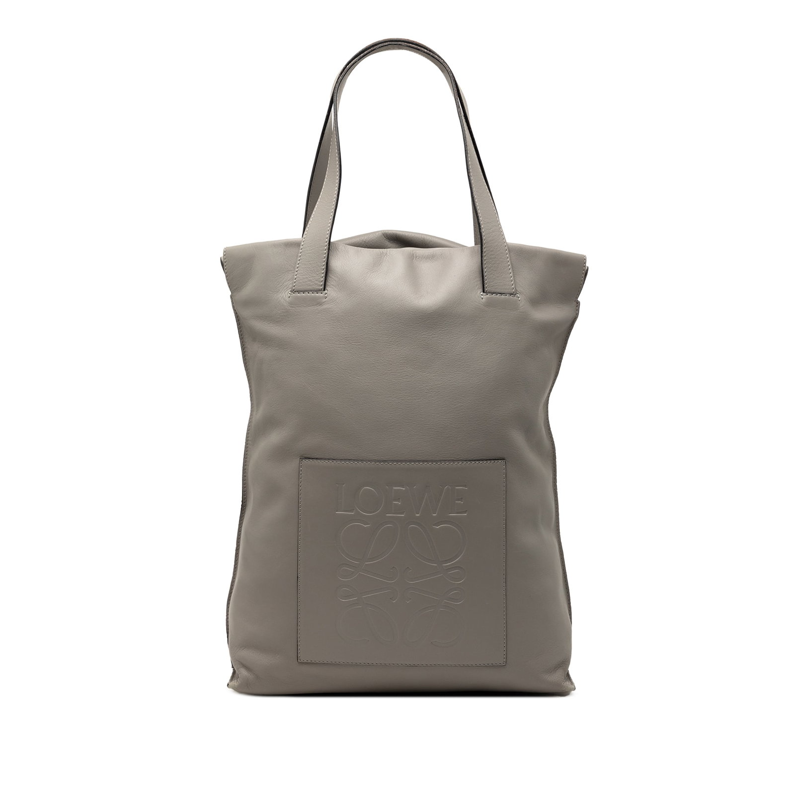 LOEWE gray leather shopper tote with zip pocket: LOEWE gray leather shopper tote with zip pocket This LOEWE Leather Anagram Shopper Tote is crafted from gray leather and features flat leather straps, a top zip closure, and an interior zip pocket. Th
