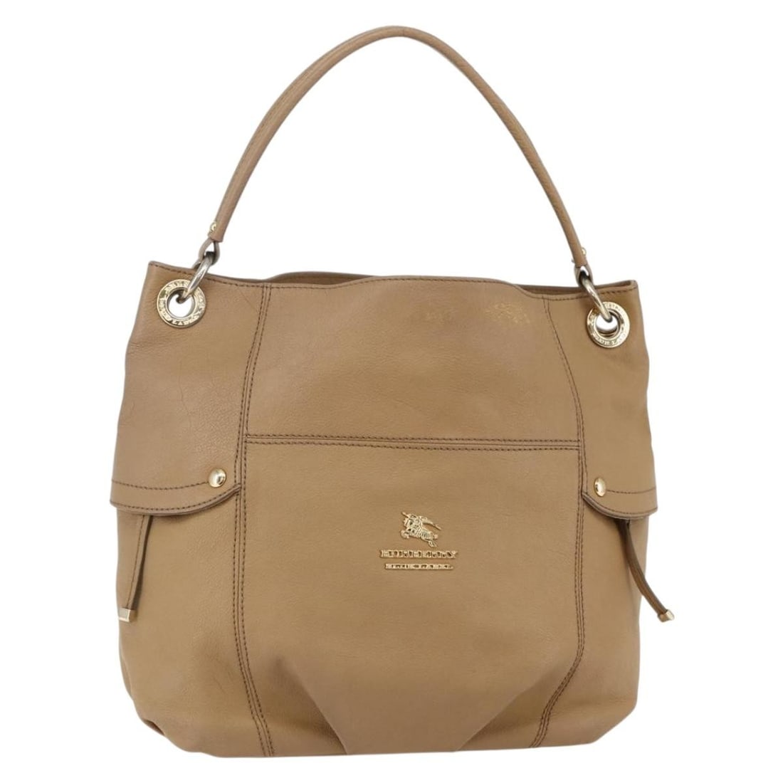 Burberry Blue Label Beige Leather Shoulder Bag Gold Accents Japan: Burberry Blue Label Beige Leather Shoulder Bag Gold Accents Japan This BURBERRY Blue Label Shoulder Bag showcases a stylish blend of beige and gold leather, crafted in Japan. With dimensions of approx