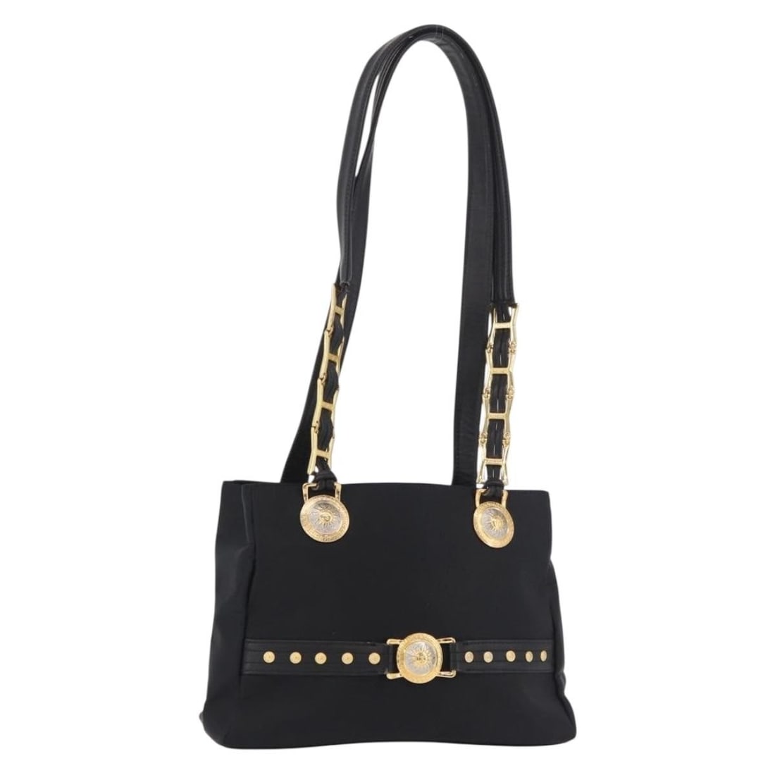 Versace Nylon Shoulder Bag Black and Gold Made in Italy: Versace Nylon Shoulder Bag Black and Gold Made in Italy Versace shoulder bag in black and gold nylon with a classic compact silhouette. Made in Italy, this women's bag shows heavy use, including shape