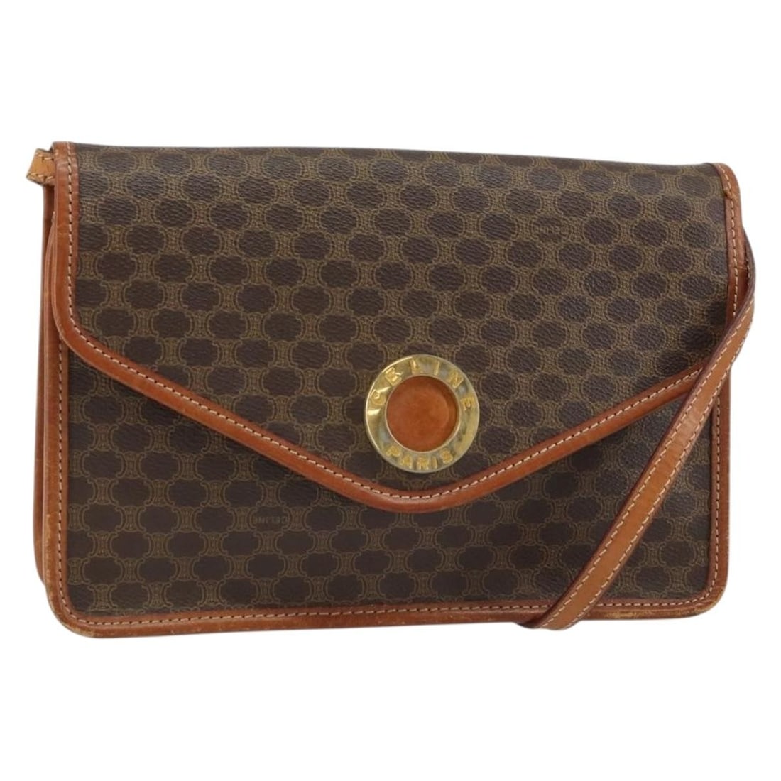 Celine Macadam Brown PVC Leather Shoulder Bag Gold Tone Italy: Celine Macadam Brown PVC Leather Shoulder Bag Gold Tone Italy This CELINE Macadam Canvas Circle shoulder bag features a brown and gold color scheme with PVC leather and Macadam canvas materials. Made 