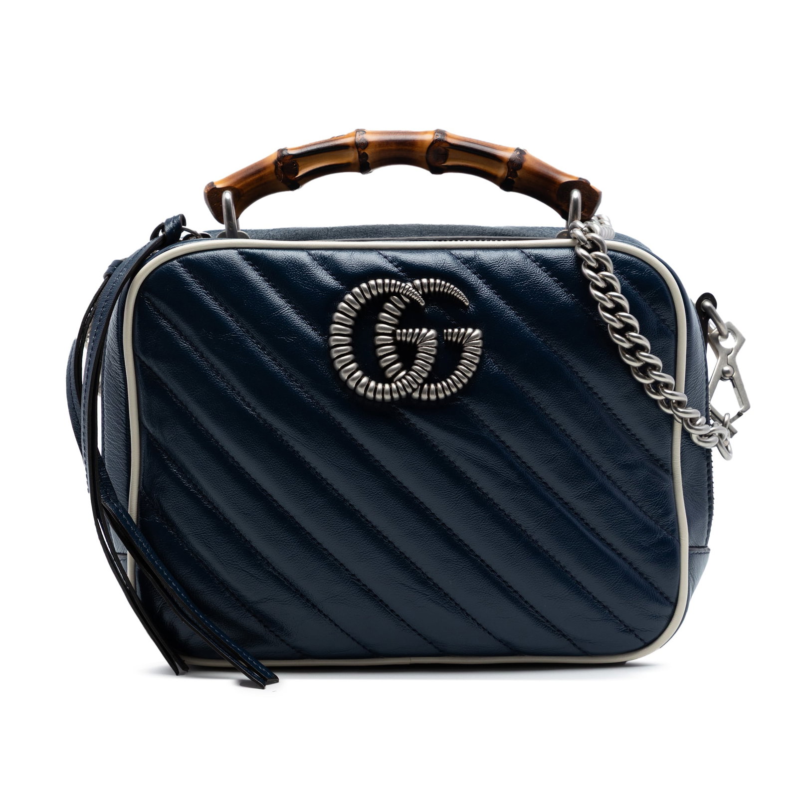 Gucci GG Marmont Small Blue Leather Bamboo Handle Satchel (1 of 6)