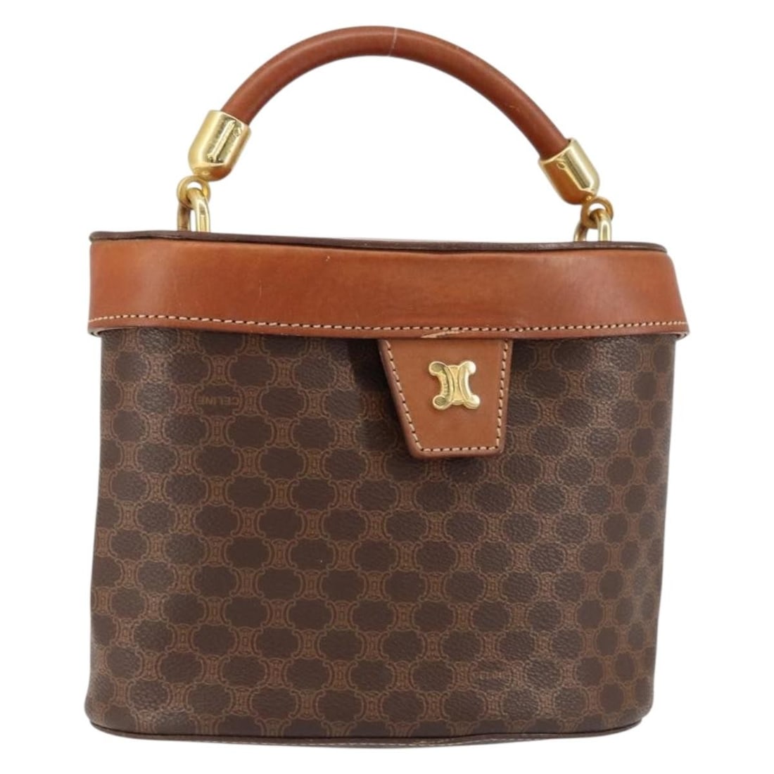 CELINE Macadam Canvas Hand Bag PVC Leather Brown Gold Made in Italy: CELINE Macadam Canvas Hand Bag PVC Leather Brown Gold Made in Italy This authentic CELINE Macadam Canvas Hand Bag showcases a stylish blend of PVC leather and Macadam canvas in a rich brown and gold c