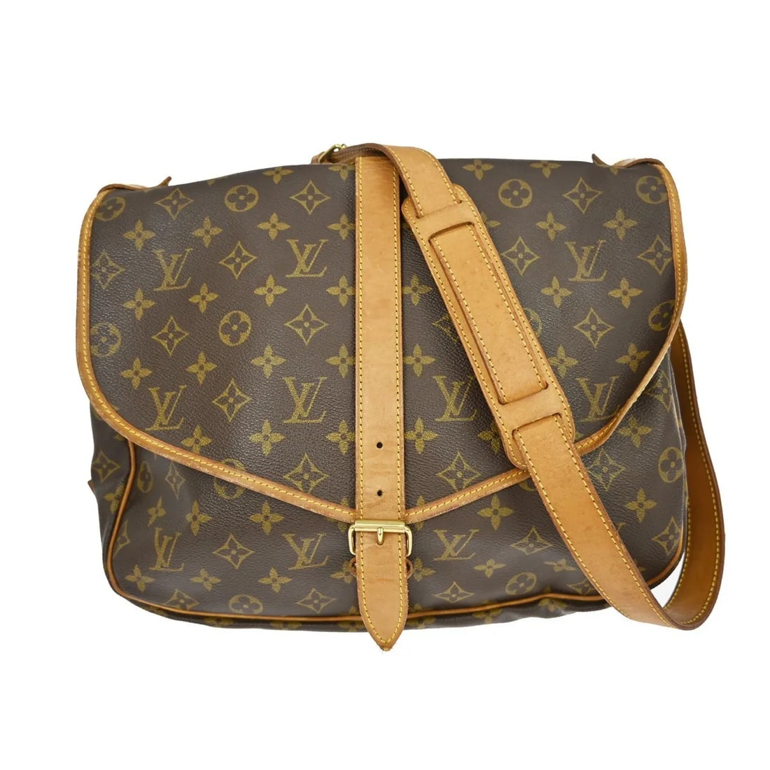 Louis Vuitton Saumur Shoulder Bag in Brown Monogram Canvas: Louis Vuitton Saumur Shoulder Bag in Brown Monogram Canvas Louis Vuitton Saumur in brown canvas. This unisex bag is made in France and remains in good condition with visible wear from use, including s