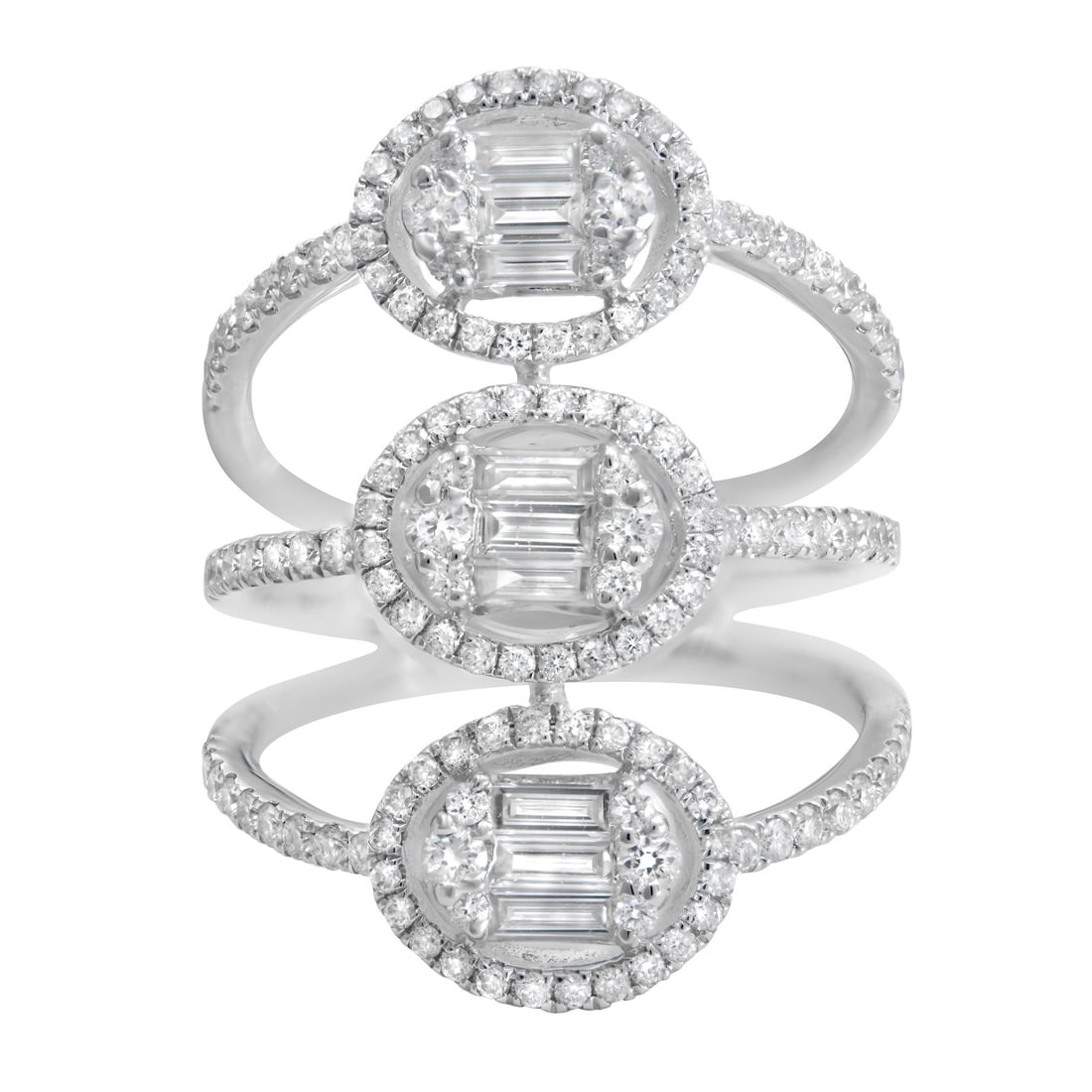 Rachel Koen 18K White Gold Diamond Cocktail Ring Size 6.5: Rachel Koen 18K White Gold Diamond Cocktail Ring Size 6.5 This elegant Rachel Koen cocktail ring features a sophisticated three-row design, beautifully set with small round brilliant and baguette cut 