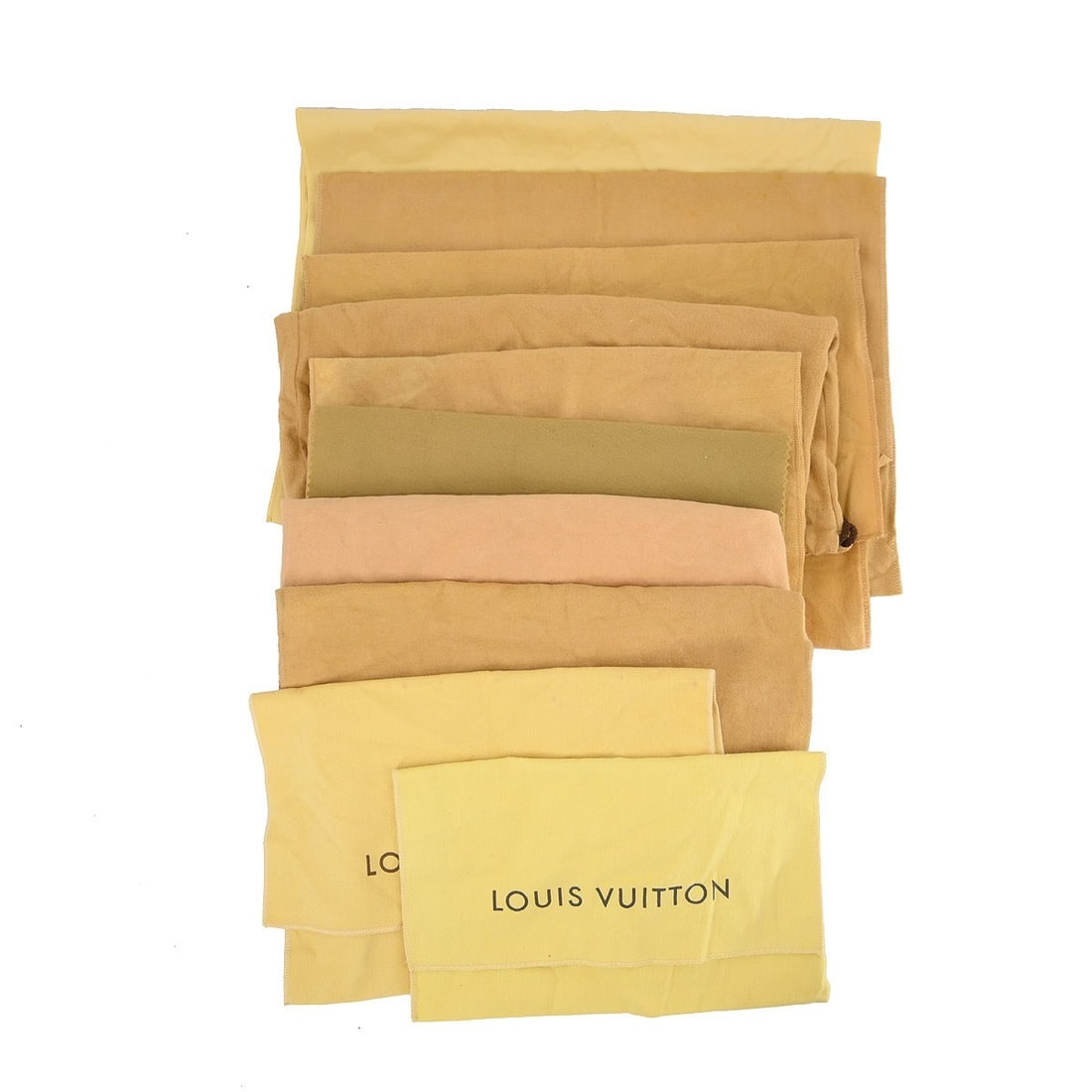 Set of 10 Louis Vuitton Cotton Dustbags Brown Beige: Set of 10 Louis Vuitton Cotton Dustbags Brown Beige Set of 10 Louis Vuitton dust bags in brown and beige cotton. These unisex dust bags show overall signs of use with reasonable wear and tear. Please 