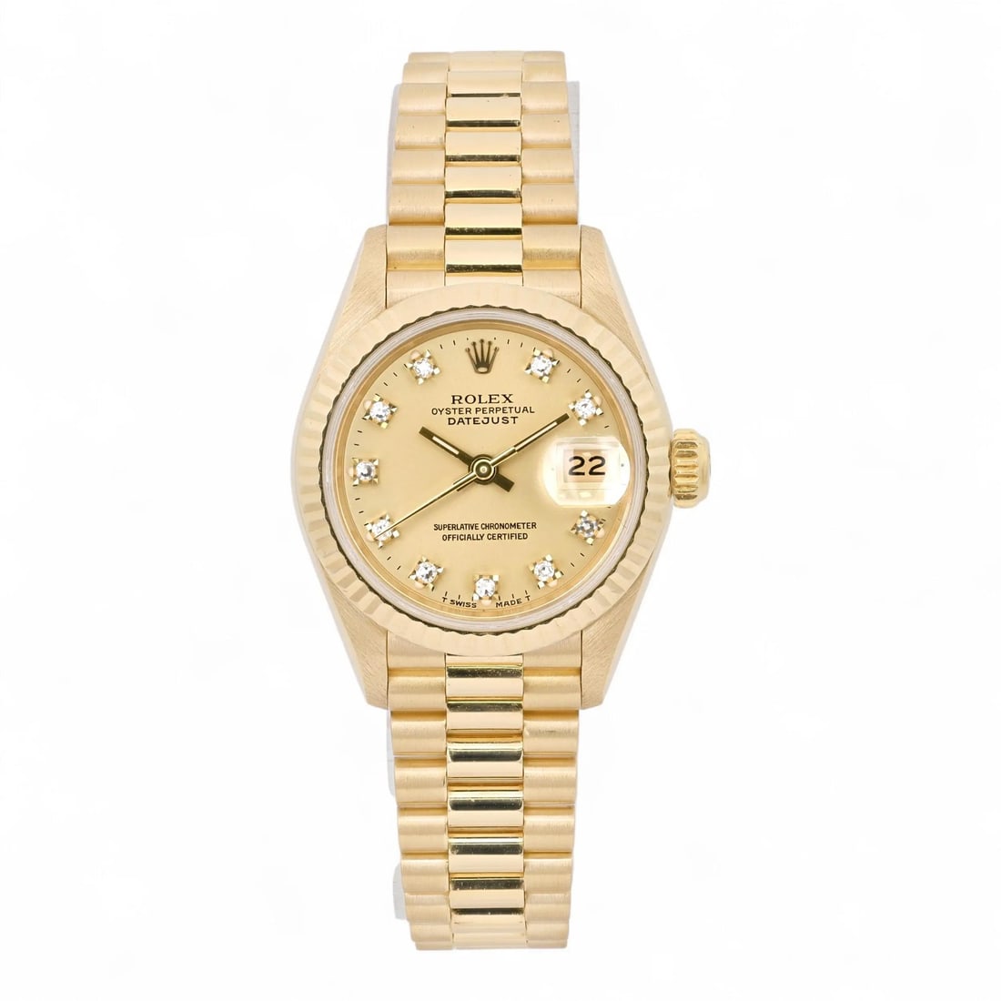 Rolex President 26mm Yellow Gold Champagne Diamond Dial Watch 69178: Rolex President 26mm Yellow Gold Champagne Diamond Dial Watch 69178 This Rolex President 26MM wristwatch features an 18K yellow gold case and bracelet, complemented by a champagne sunburst dial with d