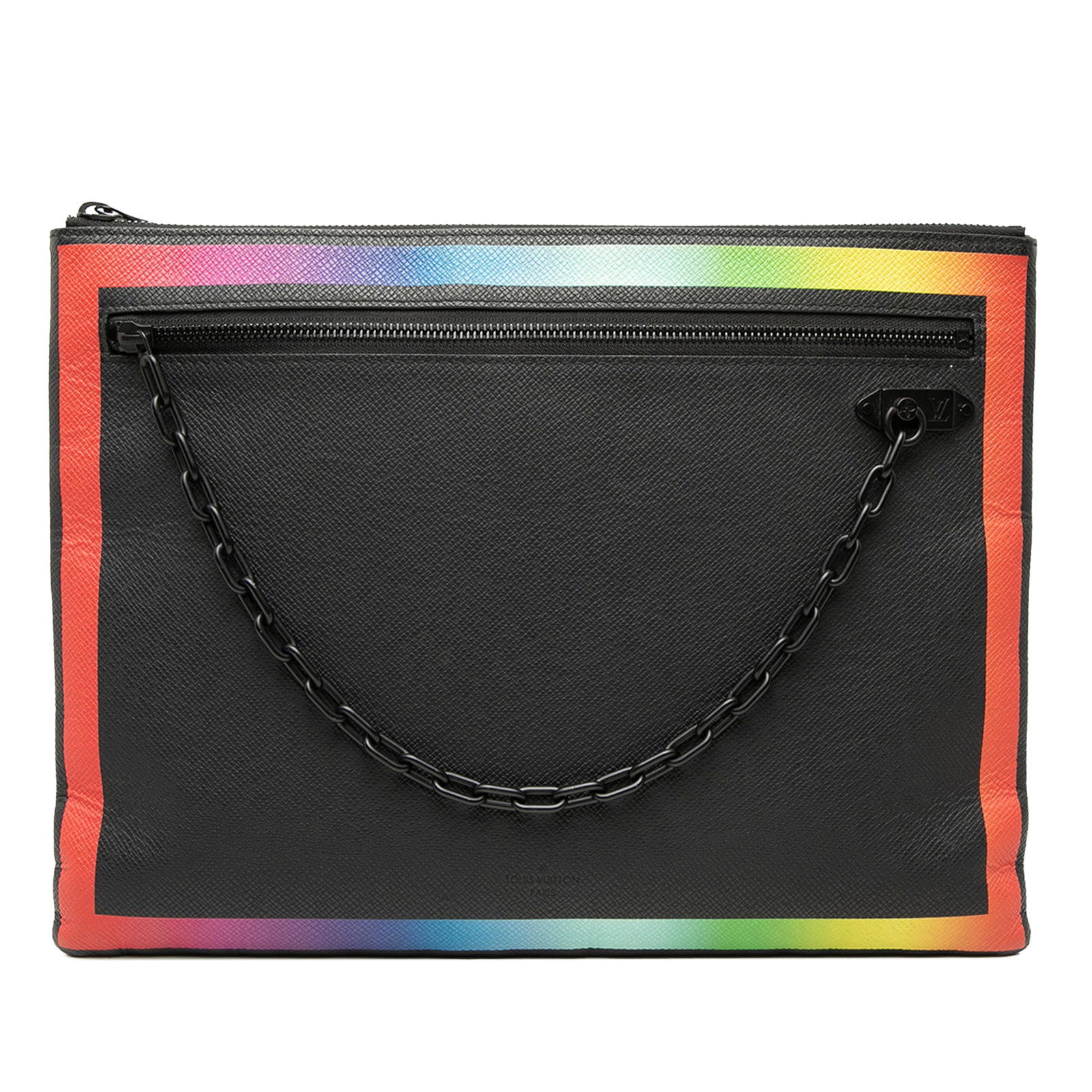 Louis Vuitton Rainbow Taiga A4 Pochette Leather Zip Bag: Louis Vuitton Rainbow Taiga A4 Pochette Leather Zip Bag This Louis Vuitton Taiga Rainbow Pochette A4 is crafted from black taiga leather and features a top zip closure, an exterior zip pocket with a d