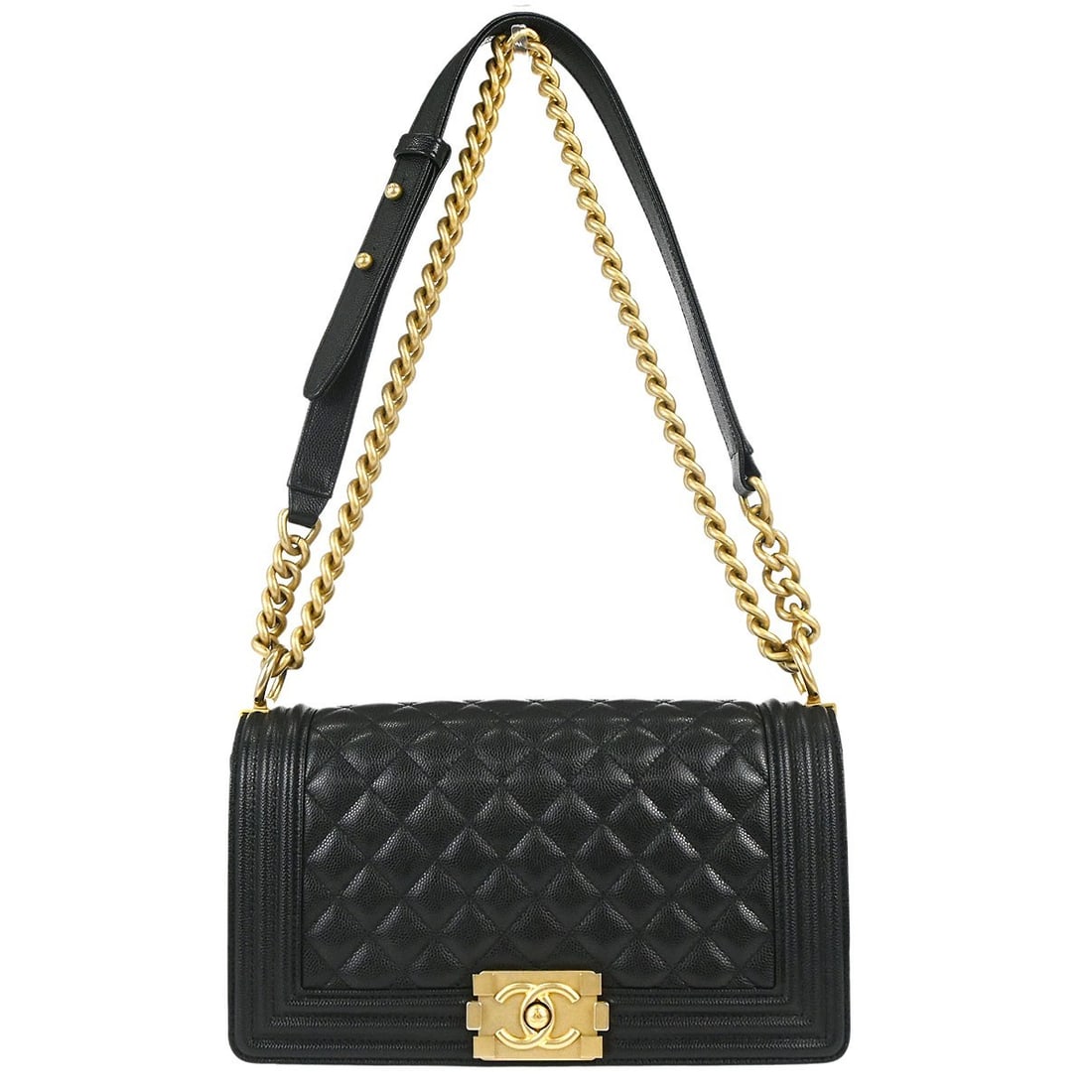 CHANEL Boy Medium Shoulder Bag Black Leather Chain Strap: CHANEL Boy Medium Shoulder Bag Black Leather Chain Strap Medium Boy Chanel shoulder bag in black caviar skin leather with a push-lock closure, quilted accents, and a chain shoulder strap. The interior