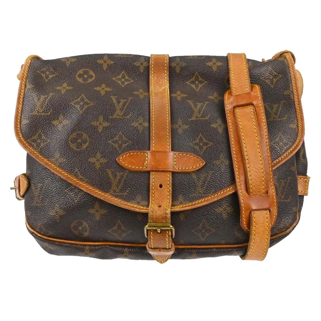 Louis Vuitton Saumur Brown Monogram Canvas Shoulder Bag: Louis Vuitton Saumur Brown Monogram Canvas Shoulder Bag Louis Vuitton Saumur in brown monogram canvas. This unisex bag is made in France and is presented in good condition with visible wear. Noted con