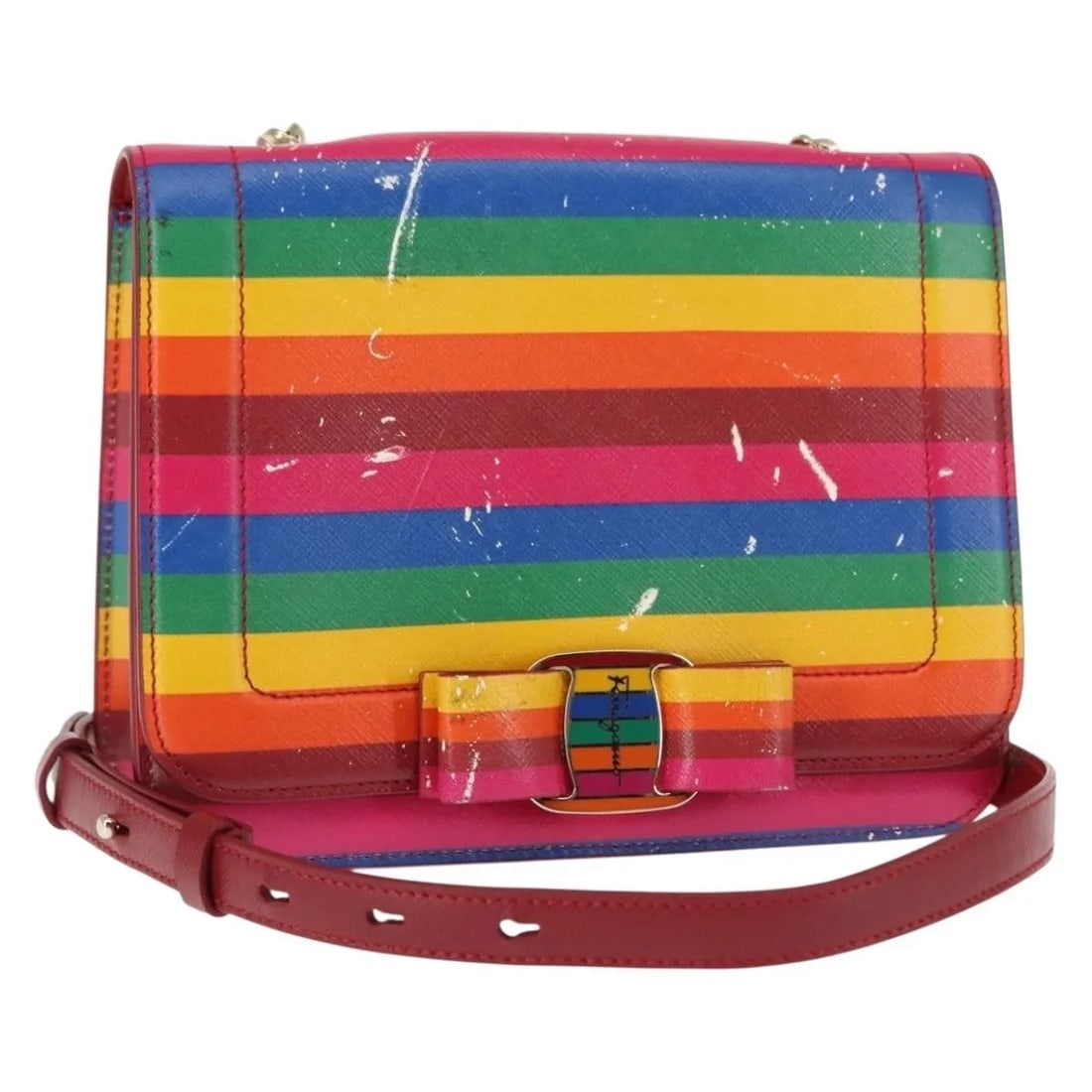 Salvatore Ferragamo Vara Bow leather crossbody bag multicolor: Salvatore Ferragamo Vara Bow leather crossbody bag multicolor The Salvatore Ferragamo Vara Bow Crossbody Bag is crafted from multicolored leather and designed for women. This pre-owned bag is in good 