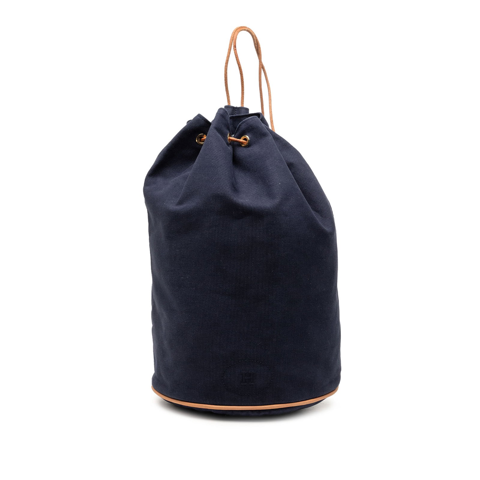 Hermes Toile Polochon Mimile canvas drawstring bag: Hermes Toile Polochon Mimile canvas drawstring bag The Hermes Toile Polochon Mimile is a stylish bag crafted with a blue canvas body and rolled leather back straps. It features an open top with a draw