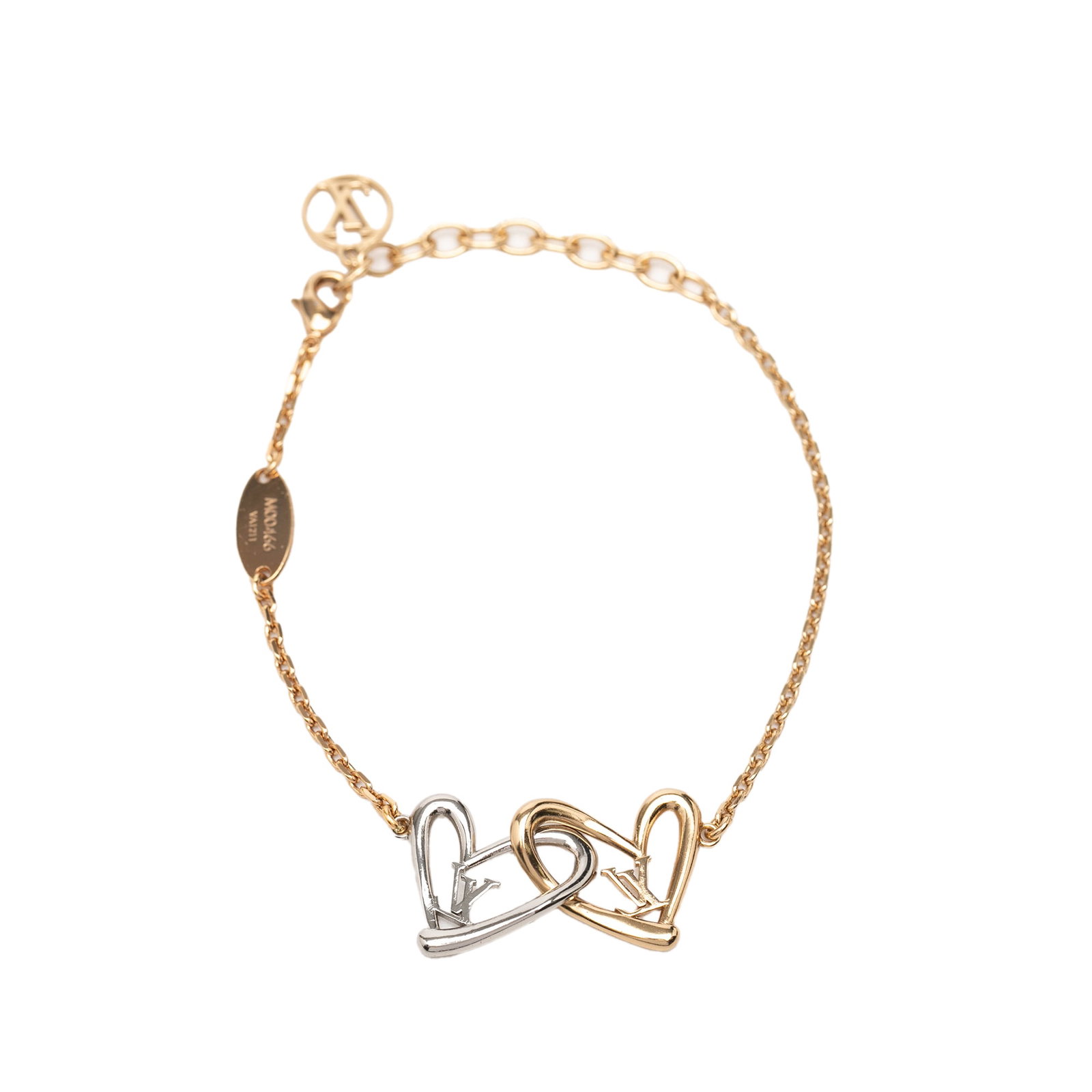Louis Vuitton Fall in Love Gold Tone Brass Bracelet: Louis Vuitton Fall in Love Gold Tone Brass Bracelet This Louis Vuitton Fall in Love bracelet showcases a gold-tone and silver-tone brass construction with a lobster clasp closure. Made in Italy, it is