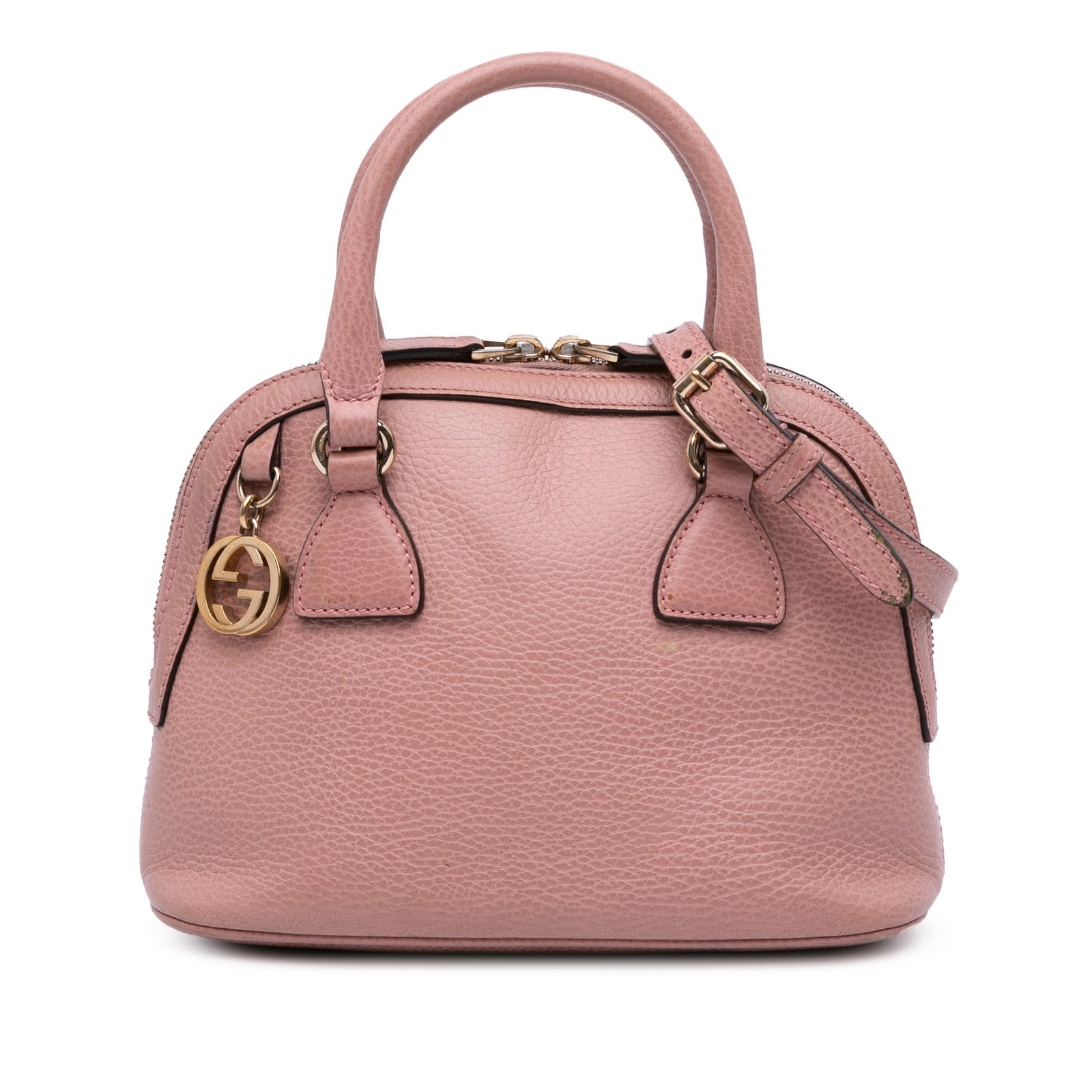 Pink Gucci Leather Dome Satchel with GG Charm: Pink Gucci Leather Dome Satchel with GG Charm This Gucci Mini Leather GG Charm Dome Satchel is a stylish and versatile bag crafted from quality leather. It features rolled leather handles and a detach