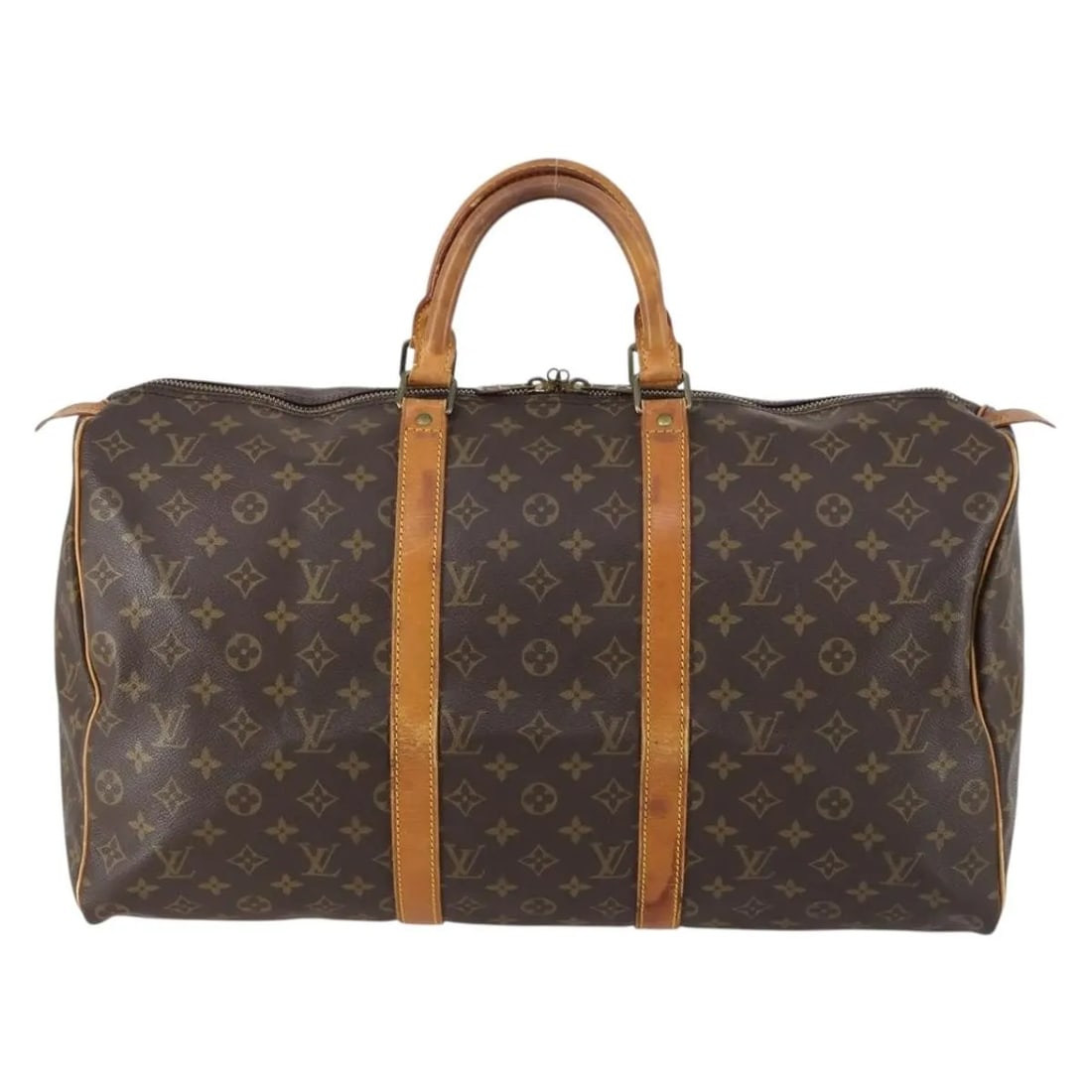 Keepall Monogram Canvas Travel Bag by Louis Vuitton: Keepall Monogram Canvas Travel Bag by Louis Vuitton This Louis Vuitton Keepall Bag features the iconic monogram canvas in brown and is designed for unisex use. The exterior shows signs of wear includi