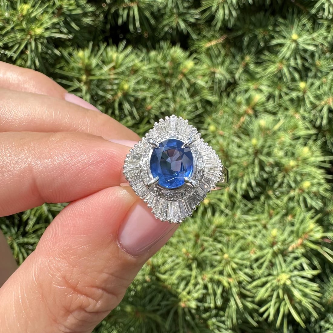 GIA Sapphire Diamond Ballerina Ring in Platinum Size 6.5: GIA Sapphire Diamond Ballerina Ring in Platinum Size 6.5 This vintage ballerina cocktail ring features a natural oval brilliant-cut sapphire with a vibrant blue color, weighing 1.57 carats and origina