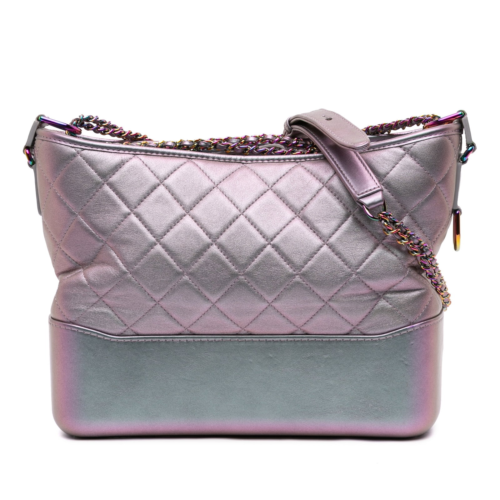 Chanel Gabrielle Quilted Iridescent Leather Medium Crossbody Bag Purple: Chanel Gabrielle Quilted Iridescent Leather Medium Crossbody Bag Purple This Chanel Medium Iridescent Calfskin Gabrielle Crossbody features a quilted iridescent leather body in purple, a leather-woven