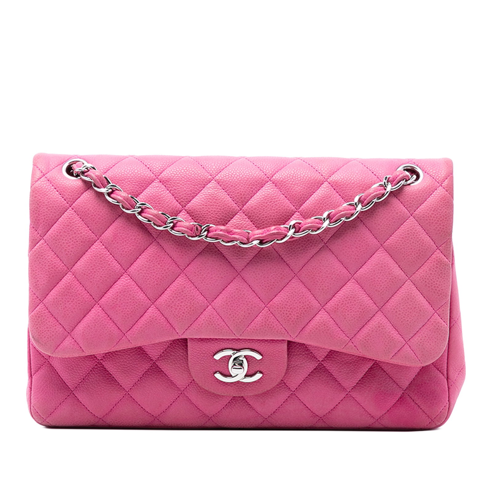Chanel Pink Quilted Caviar Leather Jumbo Double Flap Shoulder Bag: Chanel Pink Quilted Caviar Leather Jumbo Double Flap Shoulder Bag This Chanel Jumbo Classic Caviar Double Flap shoulder bag features a quilted caviar leather body in pink, leather-woven chain straps, 