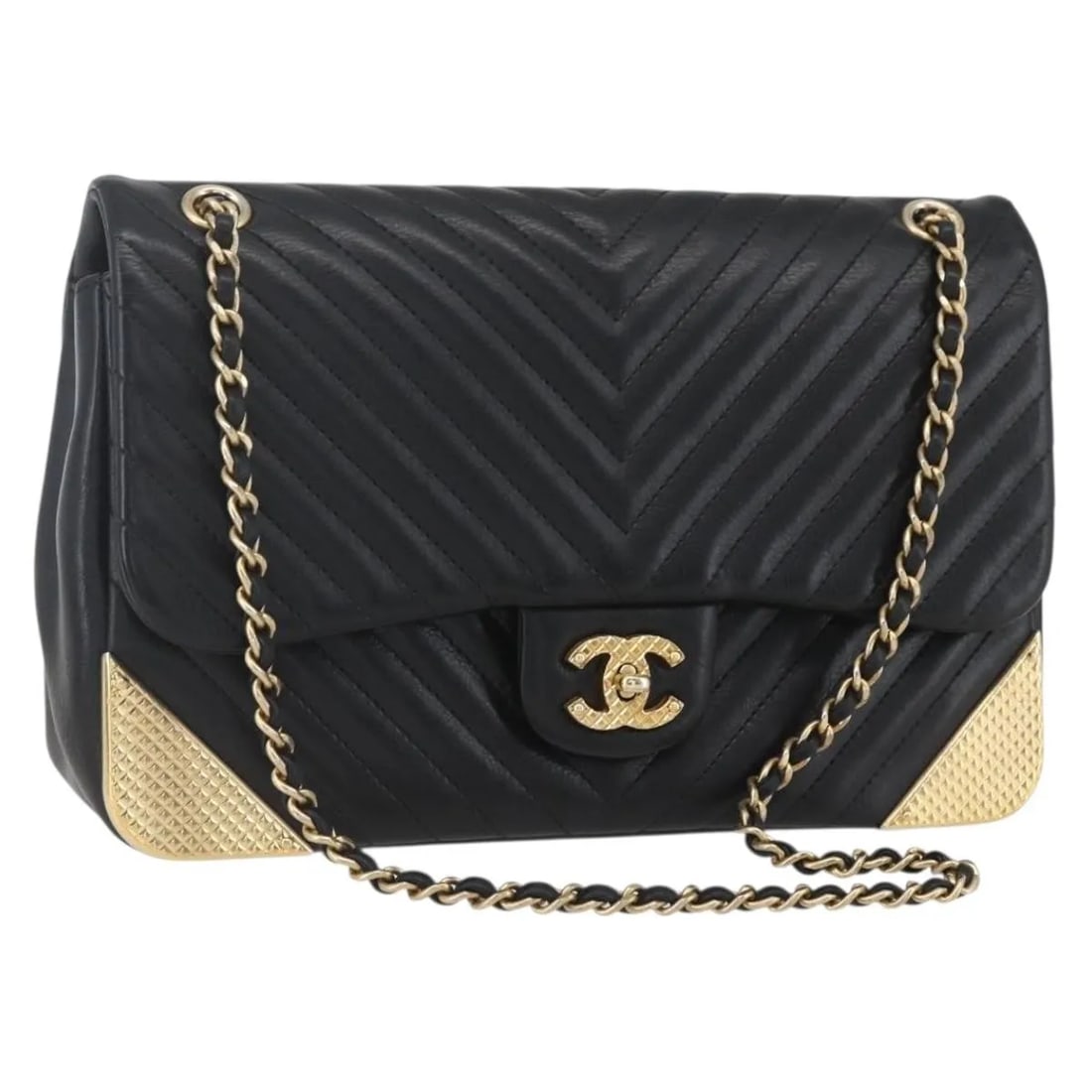Chanel Double Chevron Flap Black Leather Shoulder Bag: Chanel Double Chevron Flap Black Leather Shoulder Bag Chanel Double Chevron Flap in black leather with a unisex design. This piece is made in Italy and remains in excellent overall condition, with lig