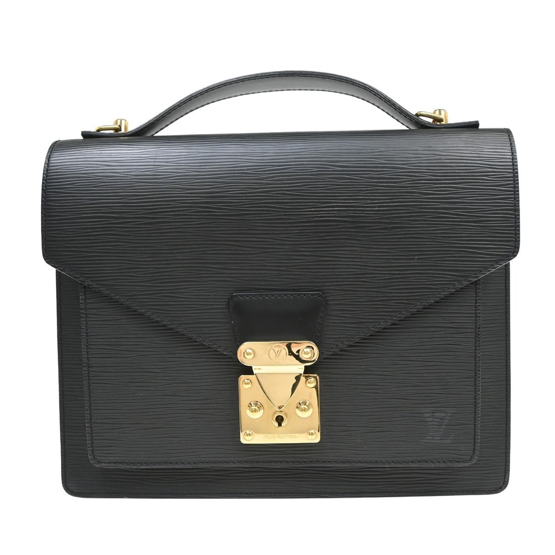 Louis Vuitton Monceau 28 Black Epi Leather 2Way Satchel M52122: Louis Vuitton Monceau 28 Black Epi Leather 2Way Satchel M52122 Vintage Louis Vuitton Monceau 28 satchel in black Epi leather with a flap lock closure, double handles, and an adjustable strap for 2-way