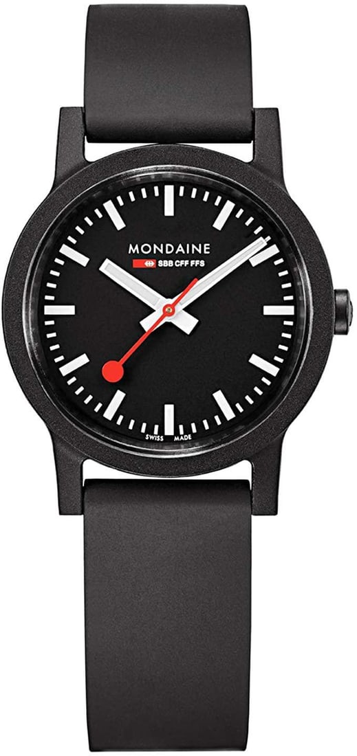 Mondaine Essence Ladies Quartz Watch 32mm Black Dial Rubber Strap: Mondaine Essence Ladies Quartz Watch 32mm Black Dial Rubber Strap Discover the elegance of the Mondaine Essence Ladies Quartz Watch, featuring a sleek 32 mm round case made from black renewable raw ma