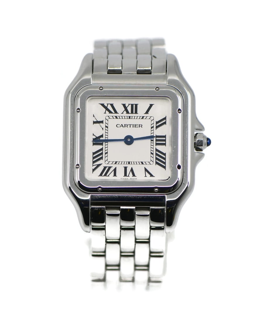 Cartier Panthere 27mm Womens Quartz Wristwatch Stainless Steel WSPN0007: Cartier Panthere 27mm Womens Quartz Wristwatch Stainless Steel WSPN0007 Pre-owned Cartier Panthere wristwatch with a polished stainless steel case and bracelet. This women's luxury watch features a si