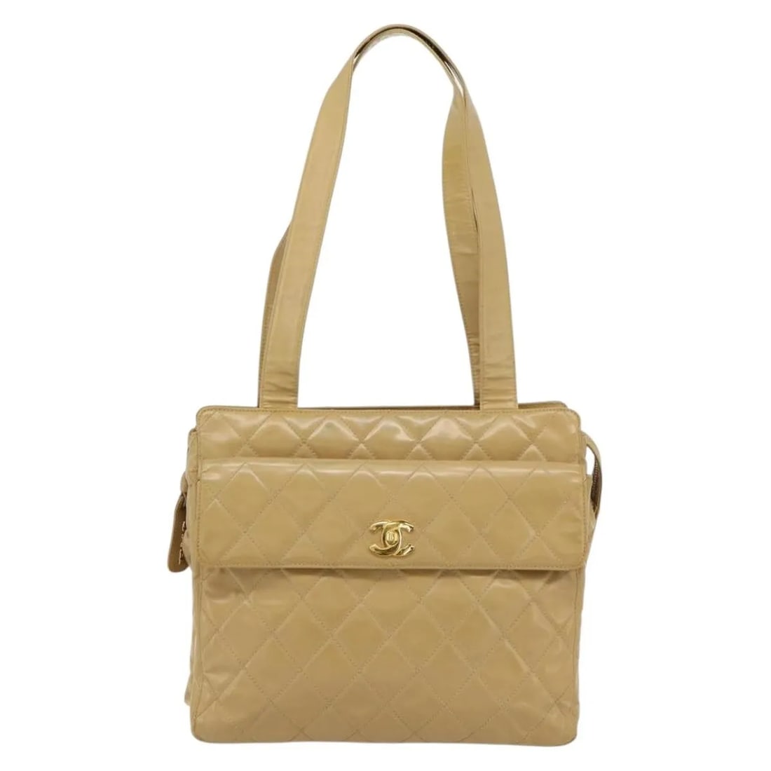 Chanel Vintage Front Pocket Patent Leather Handbag Beige: Chanel Vintage Front Pocket Patent Leather Handbag Beige Vintage Chanel Front Pocket bag in beige patent leather. This piece is made in Italy and remains in good condition with visible wear throughout