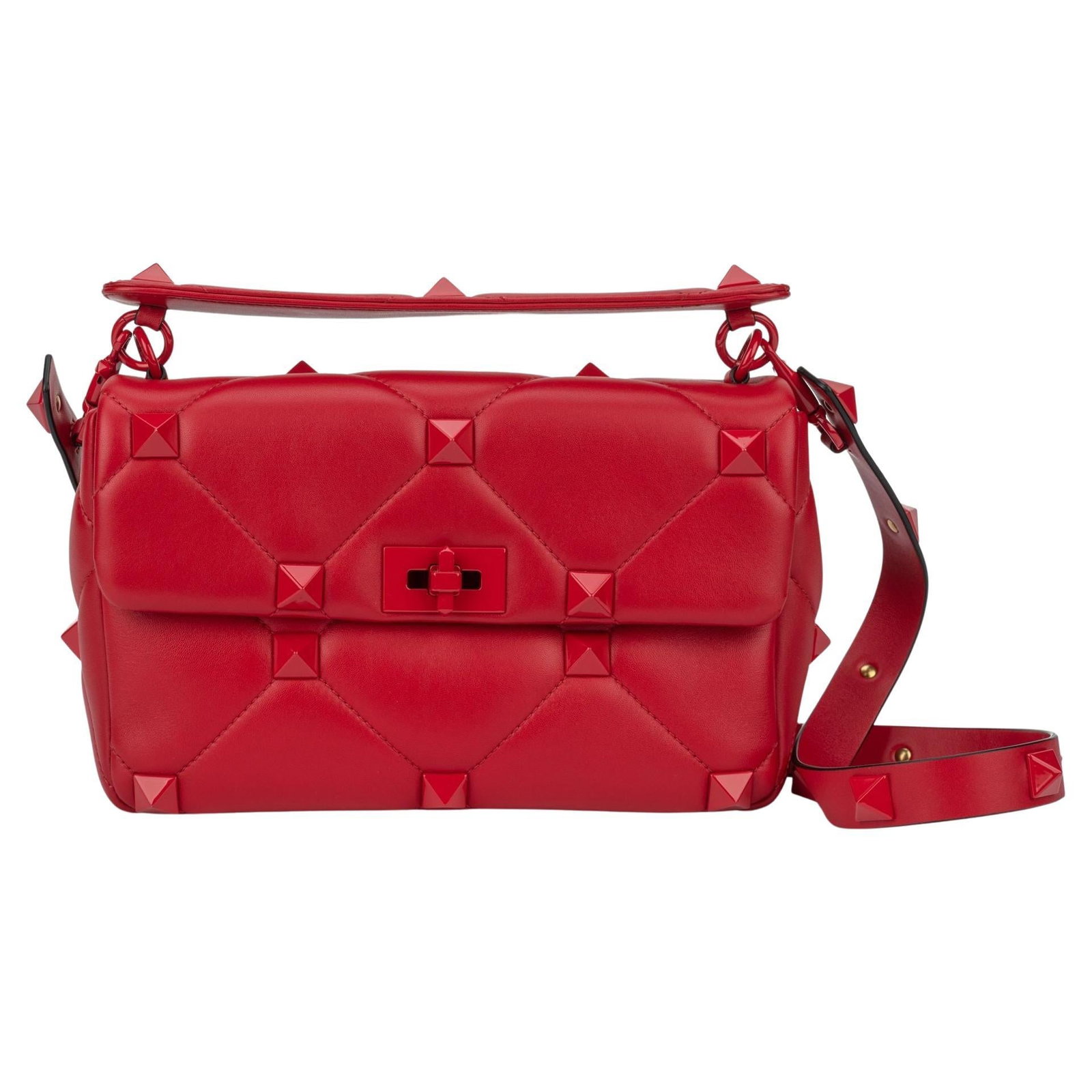 Valentino Roman Stud Red Lambskin Shoulder Bag by Pierpaolo Piccioli: Valentino Roman Stud Red Lambskin Shoulder Bag by Pierpaolo Piccioli Introducing the Valentino Roman Stud Shoulder Bag, a stunning piece from the renowned designer Pierpaolo Piccioli. Crafted from lux