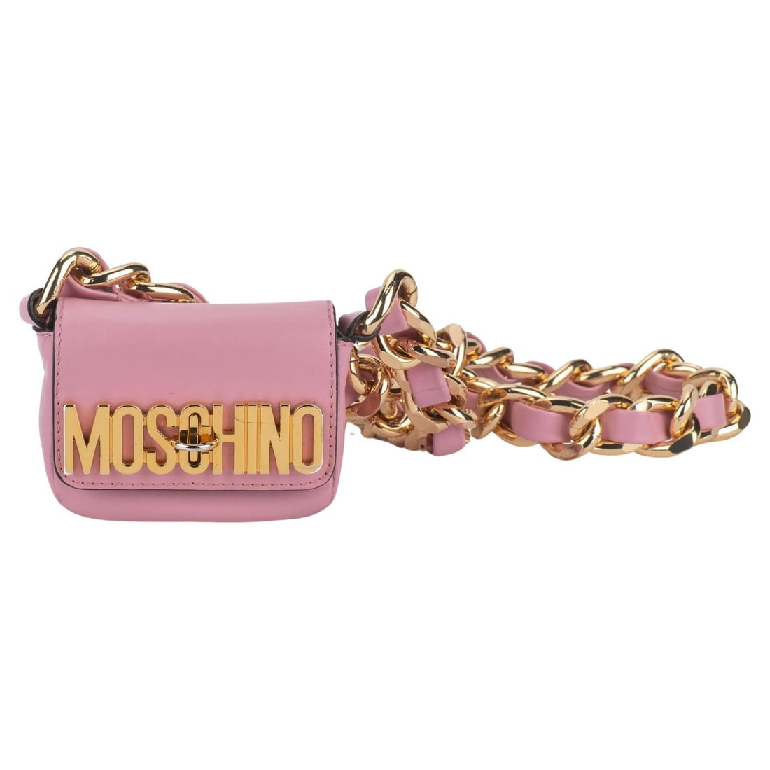 Moschino 20th Century Bubble Pink Mini Bag with Gold Chain: Moschino 20th Century Bubble Pink Mini Bag with Gold Chain This Moschino Bubble Pink Mini Bag is a charming accessory that showcases the brand's unique style. Crafted from bubble pink leather, this pr